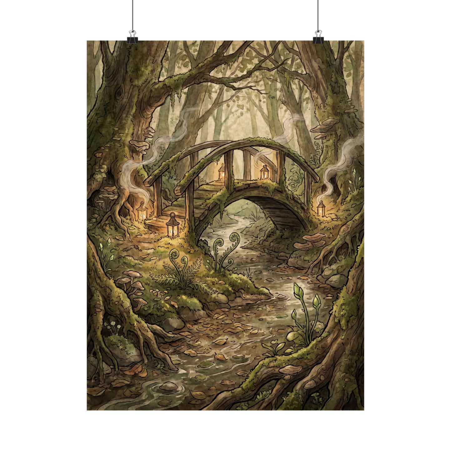 Spring Wooden Bridge Forest Whimsy Wall Art Print | Rustic Decor