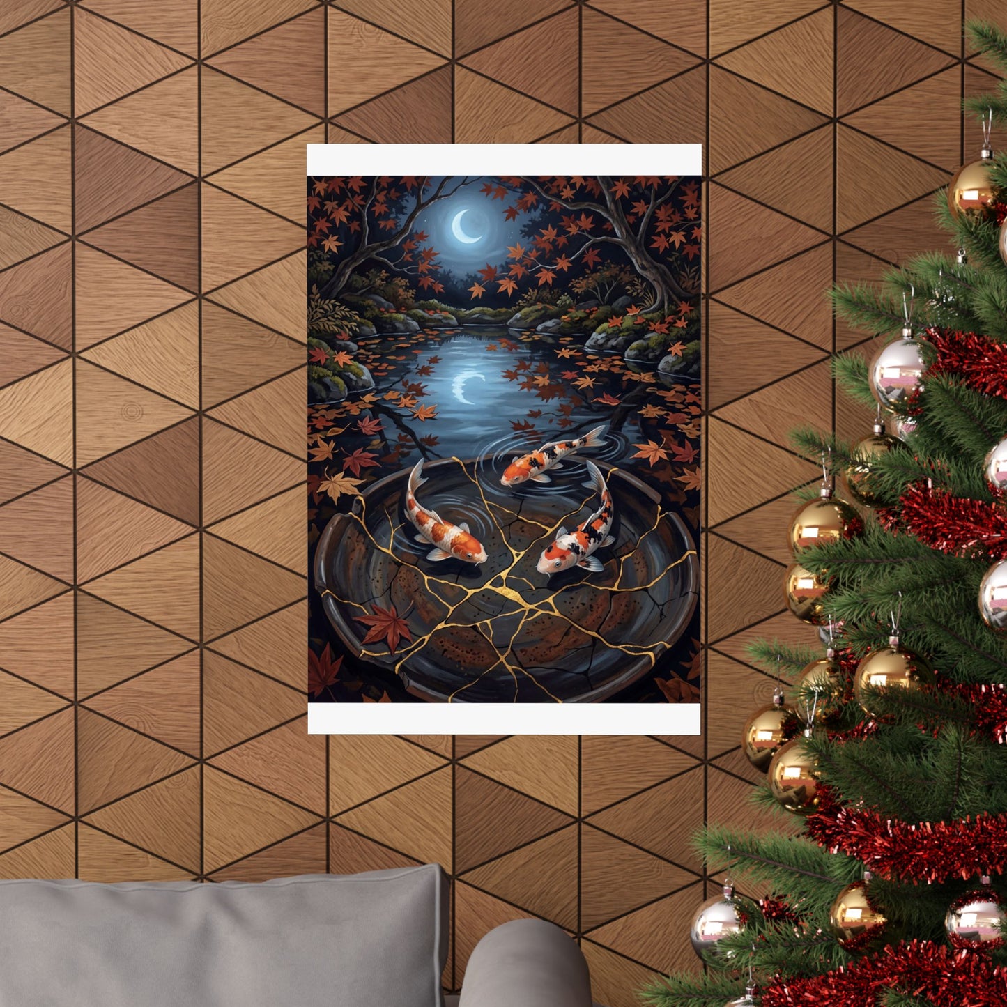 Kintsugi Koi Pond in Moonlight | Gold Repair Wall Art Print