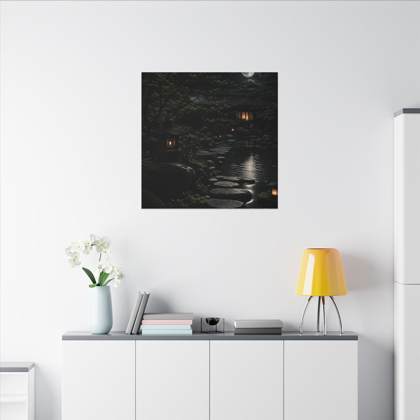 Moonlit Garden Shadow Zen Canvas Art | Sophisticated Dark Japandi Art