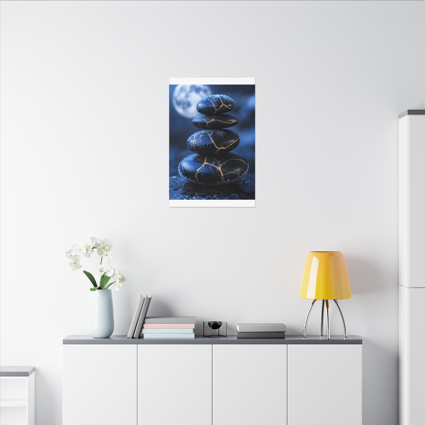 River Stones Canvas Art | Winter Kintsugi Gold Repair Art