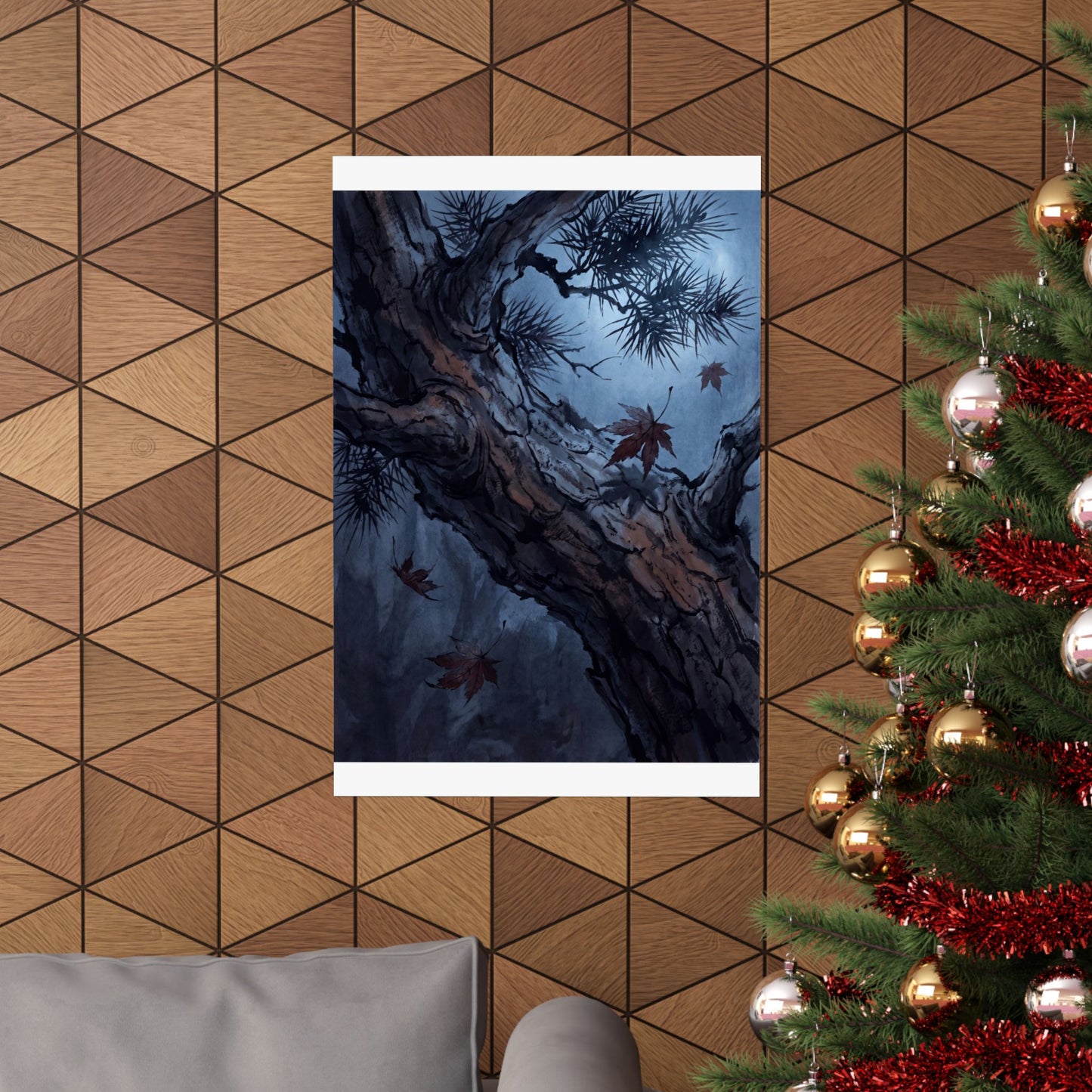 Kanso Pine Tree Wall Art Print - Dark Japandi Shadow Zen