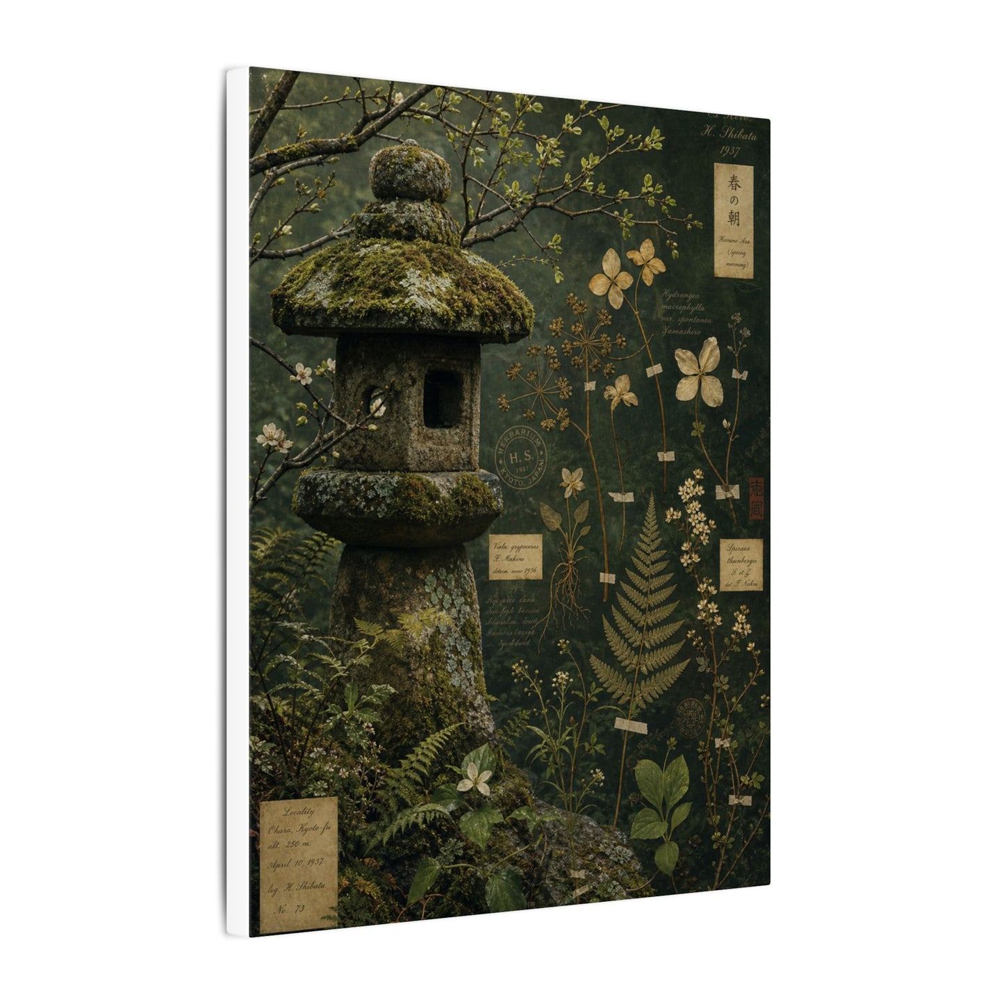 Spring Stone Lantern Herbarium Canvas Art | Nostalgic Decor