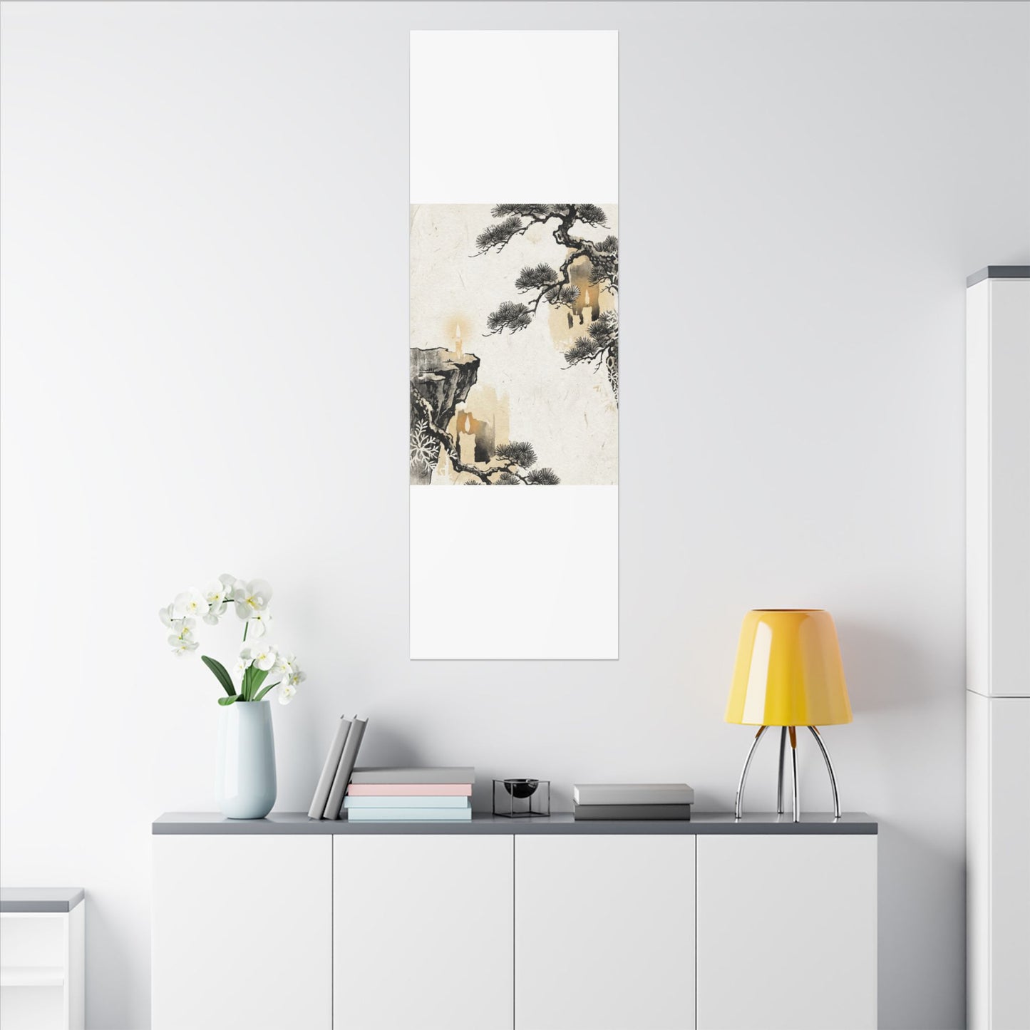 Japandi Pine Tree in Candlelight | Japanese Pattern Canvas Art