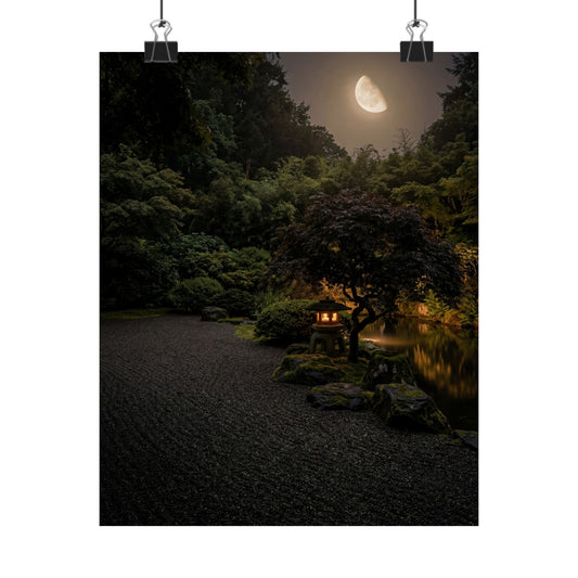 Dark Japandi Moonlit Garden in Golden Hour | Moody Minimal Wall Art Print Art Print