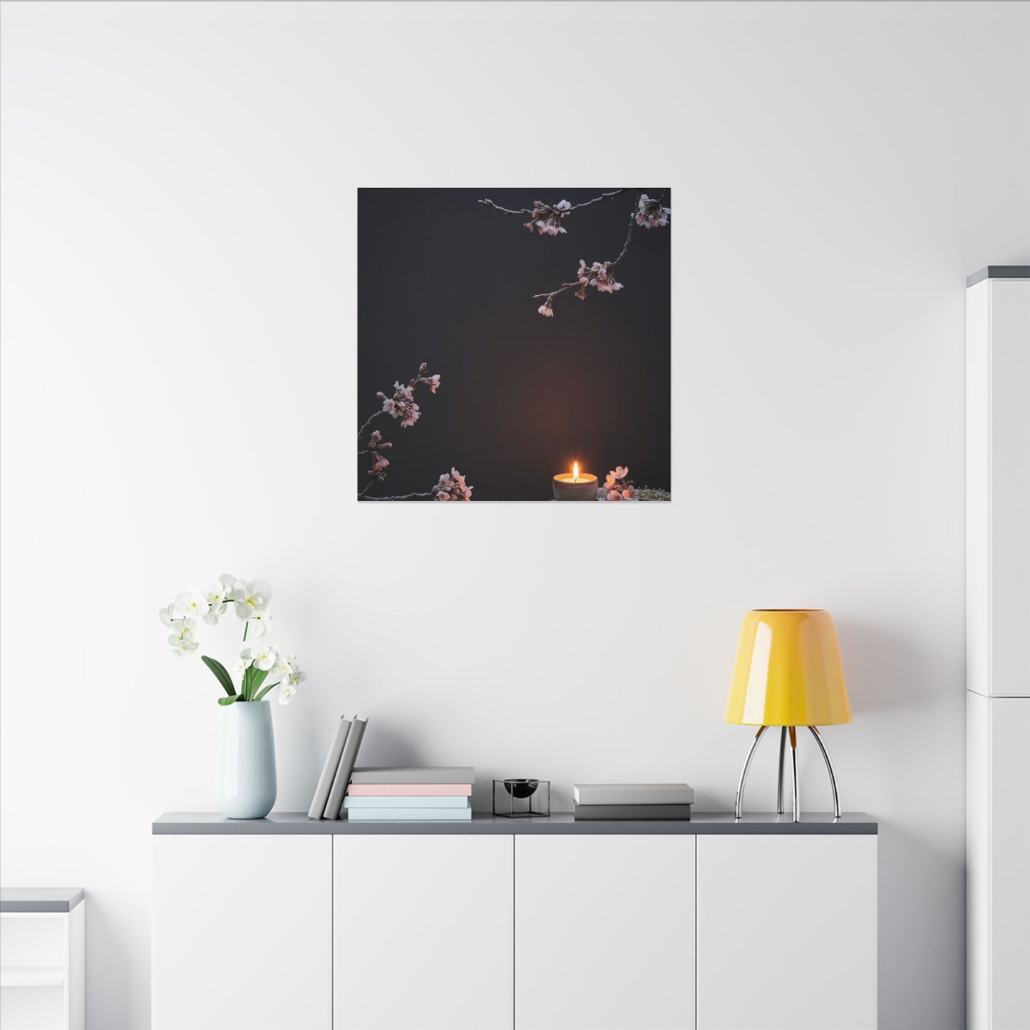 Dark Japandi Cherry Blossom in Candlelight | Moody Minimal Canvas Art
