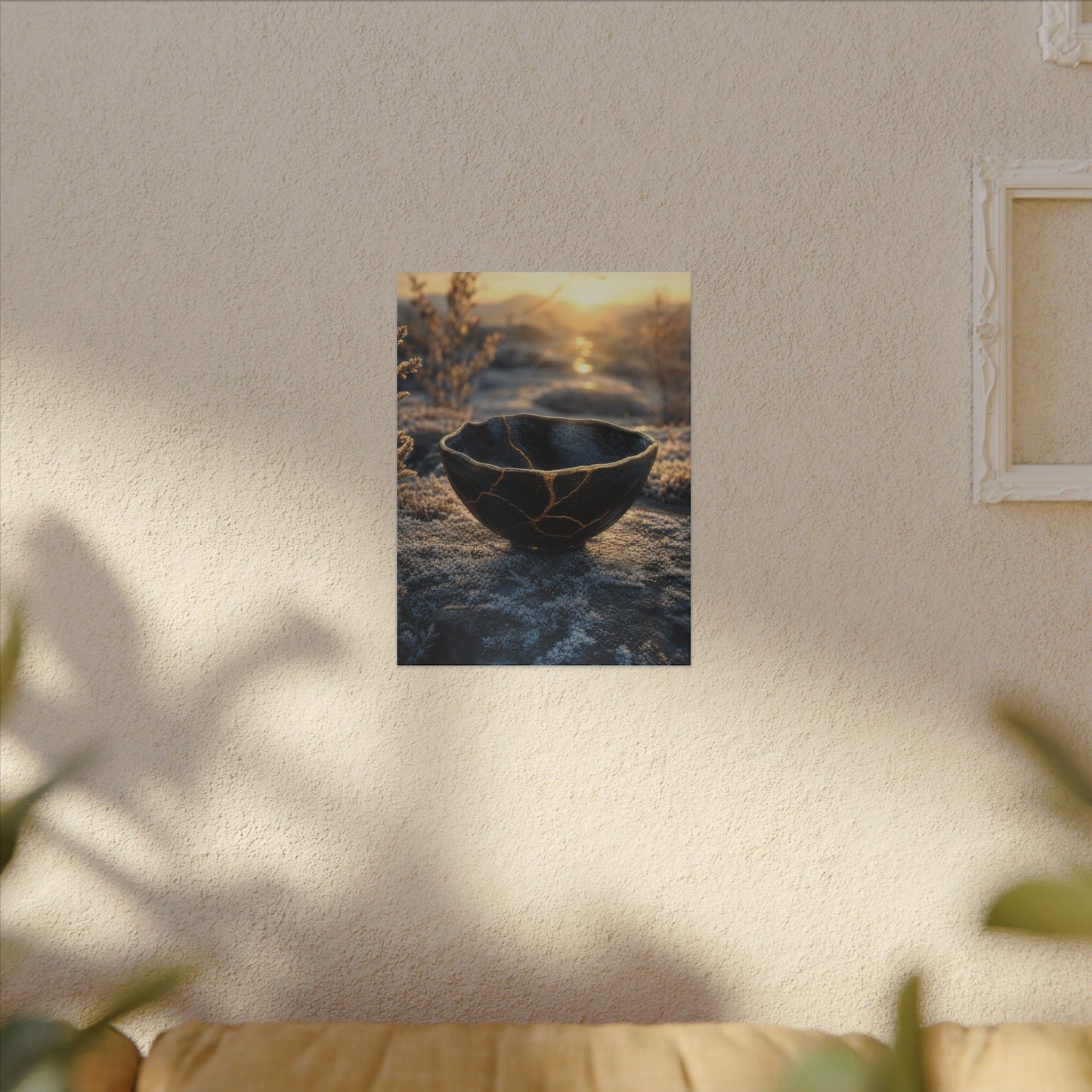 Ceramic Bowl Canvas Art | Winter Kintsugi Gold Repair Art