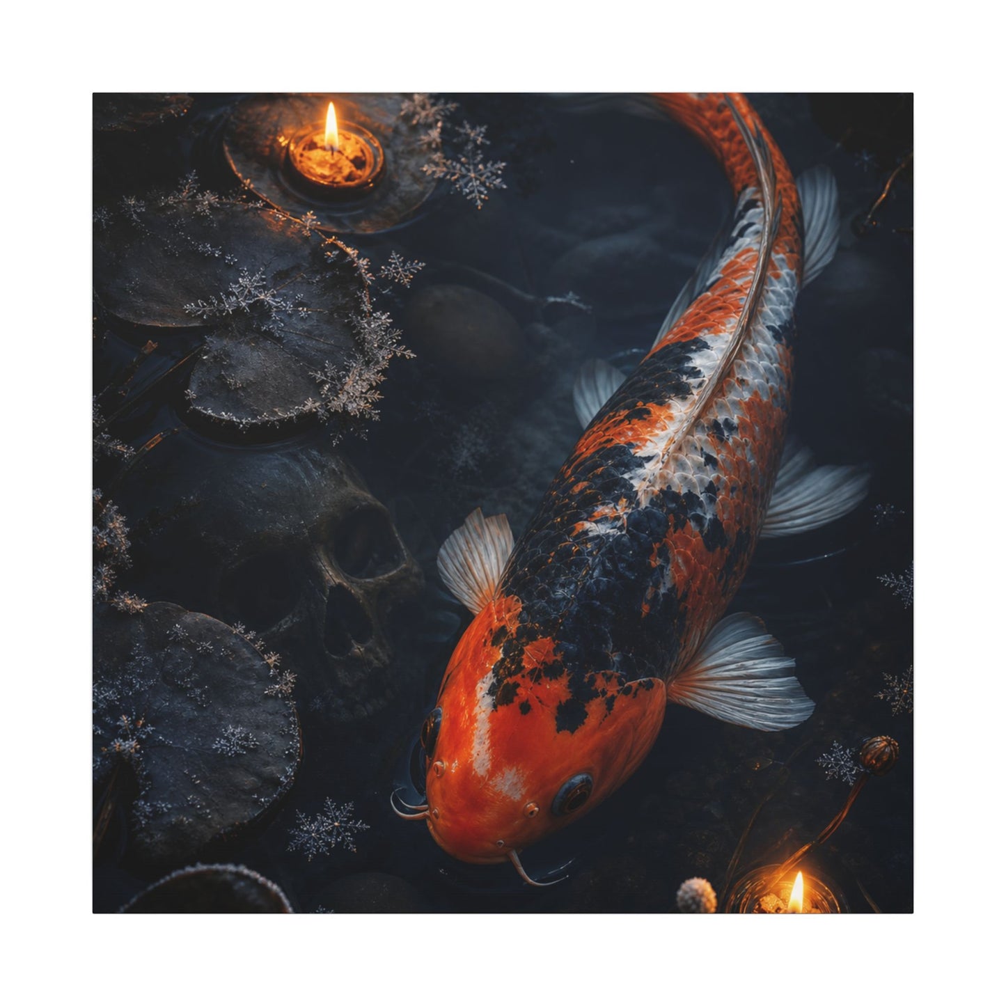 Koi Pond Canvas Art | Winter Dark Japandi Shadow Zen Art