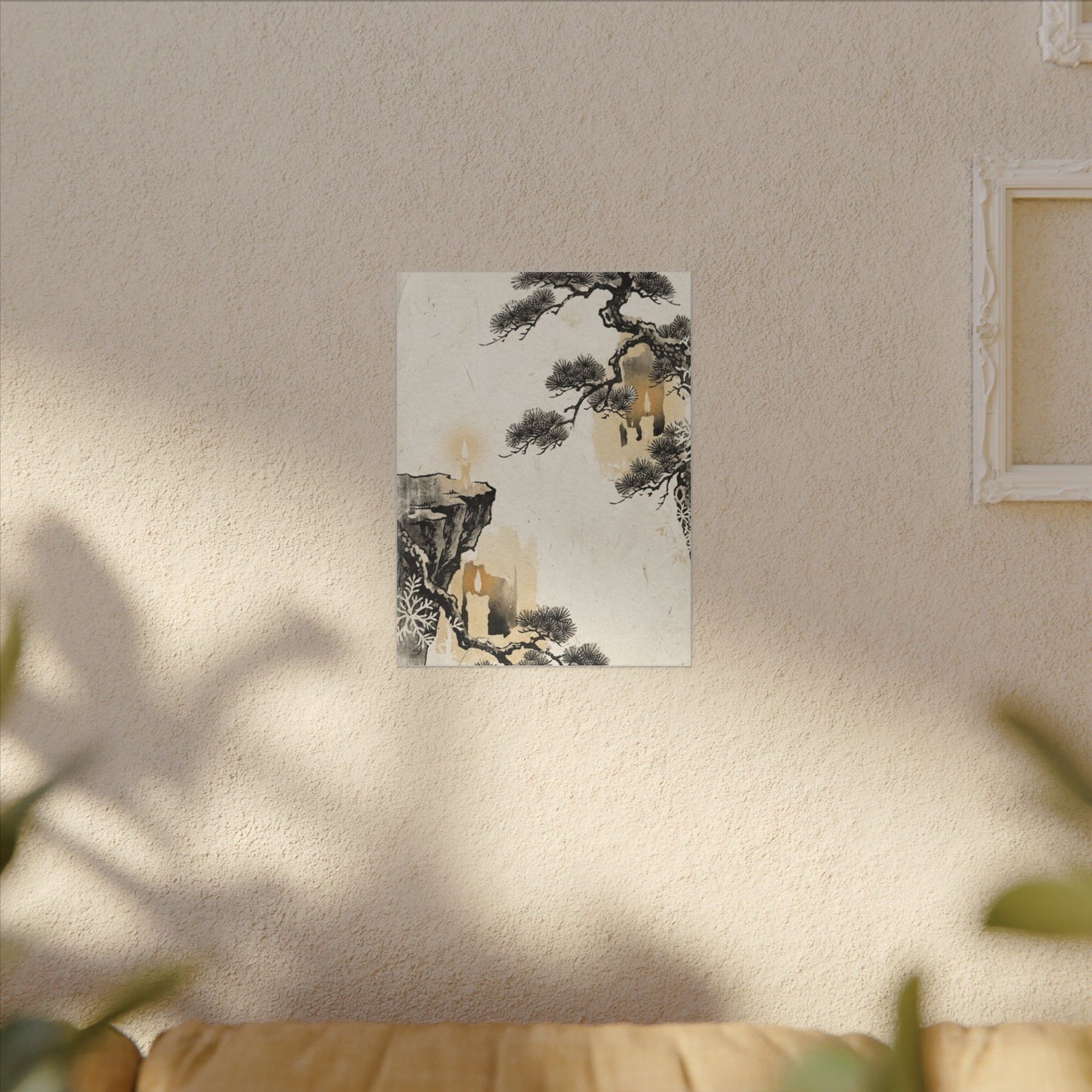 Japandi Pine Tree in Candlelight | Japanese Pattern Canvas Art