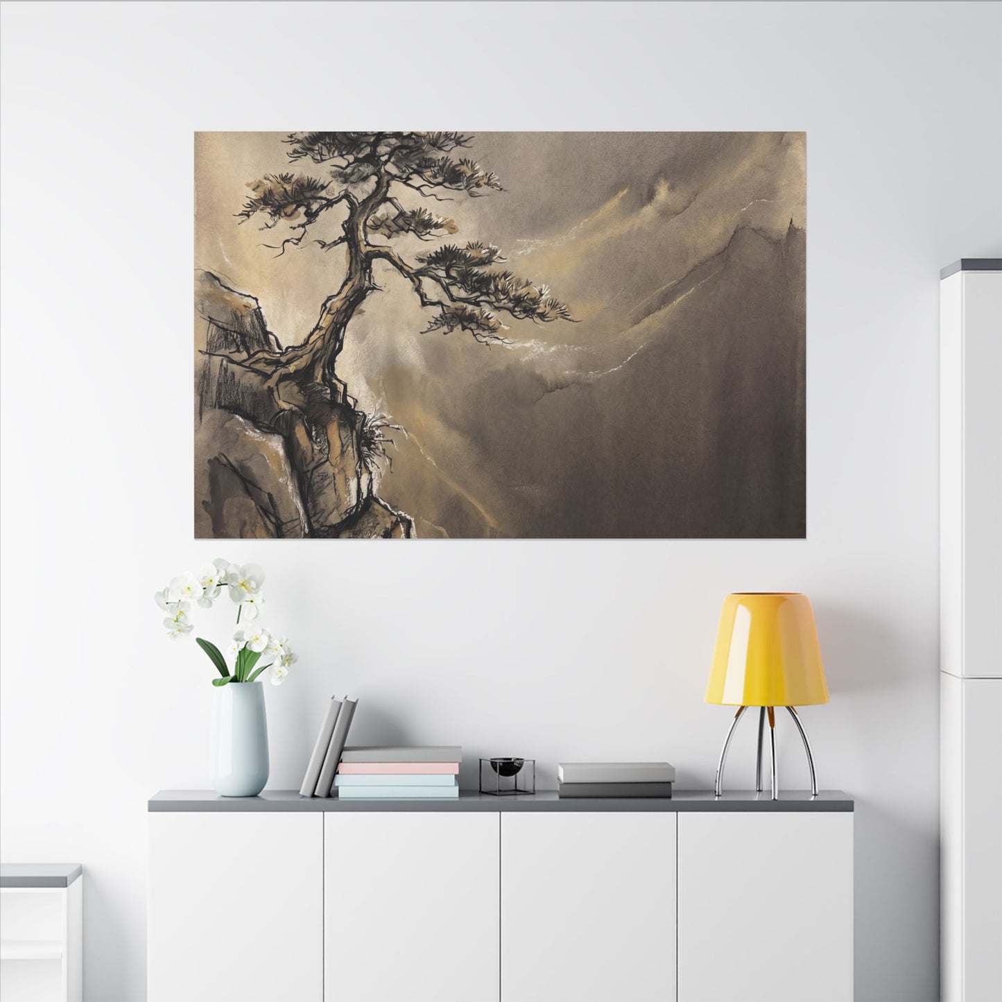 Pine Tree Charcoal Ink Canvas Art | Luxurious Dark Japandi Art
