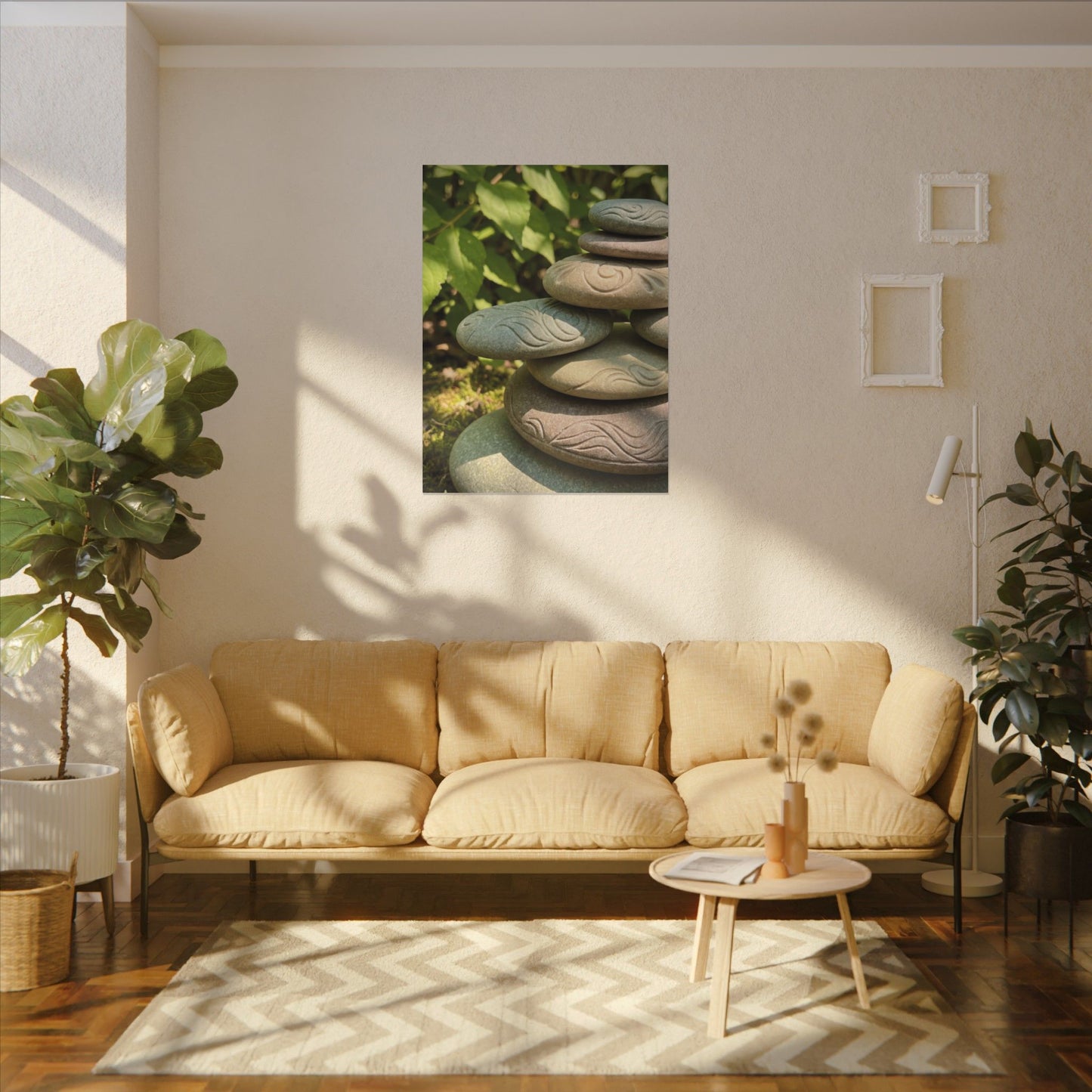 River Stones Summer Canvas Art | Japandi Earthy Design