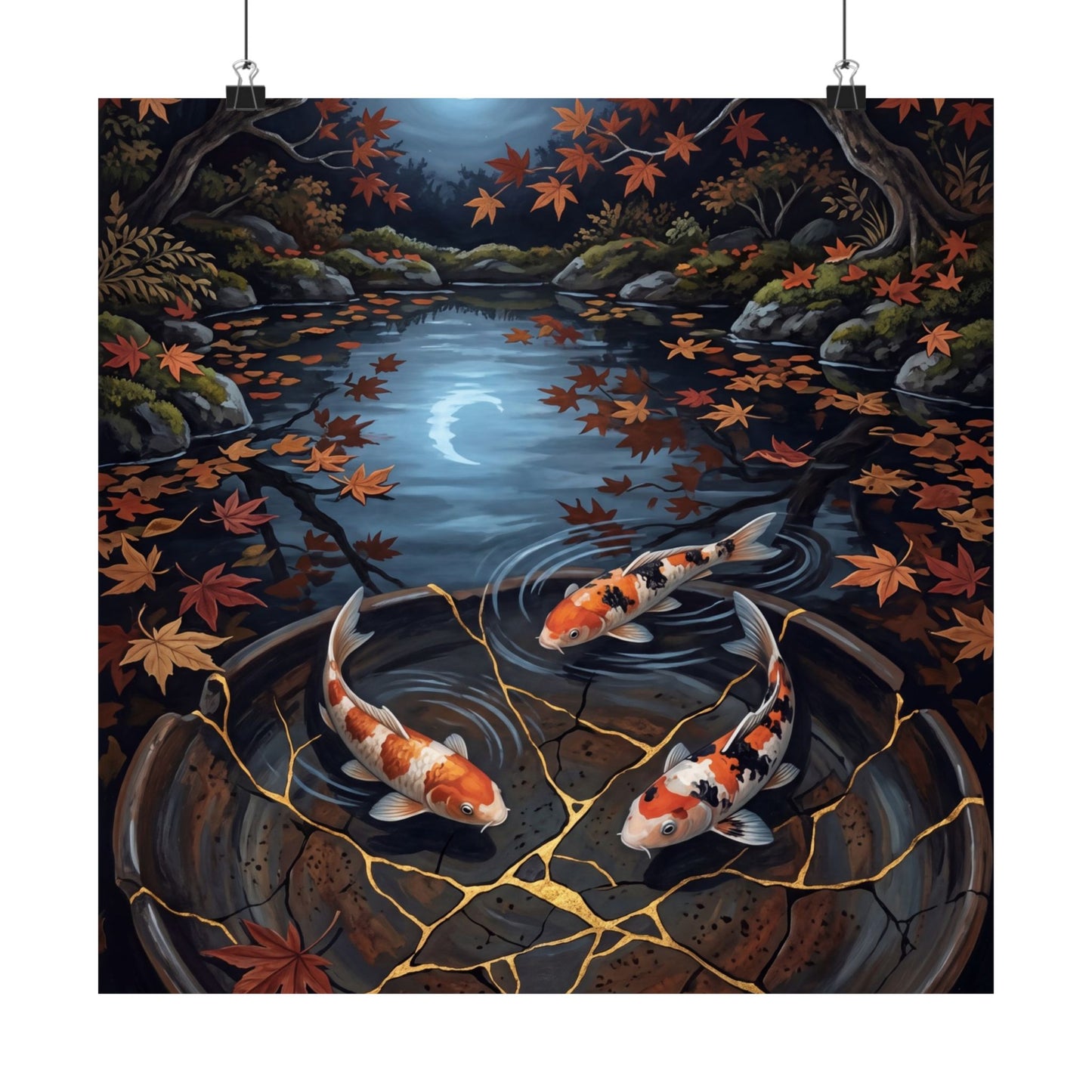 Kintsugi Koi Pond in Moonlight | Gold Repair Wall Art Print