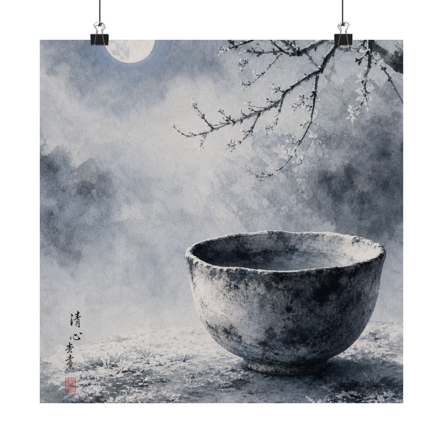 Winter Ceramic Bowl Sumi E Wall Art Print | Tranquil Decor
