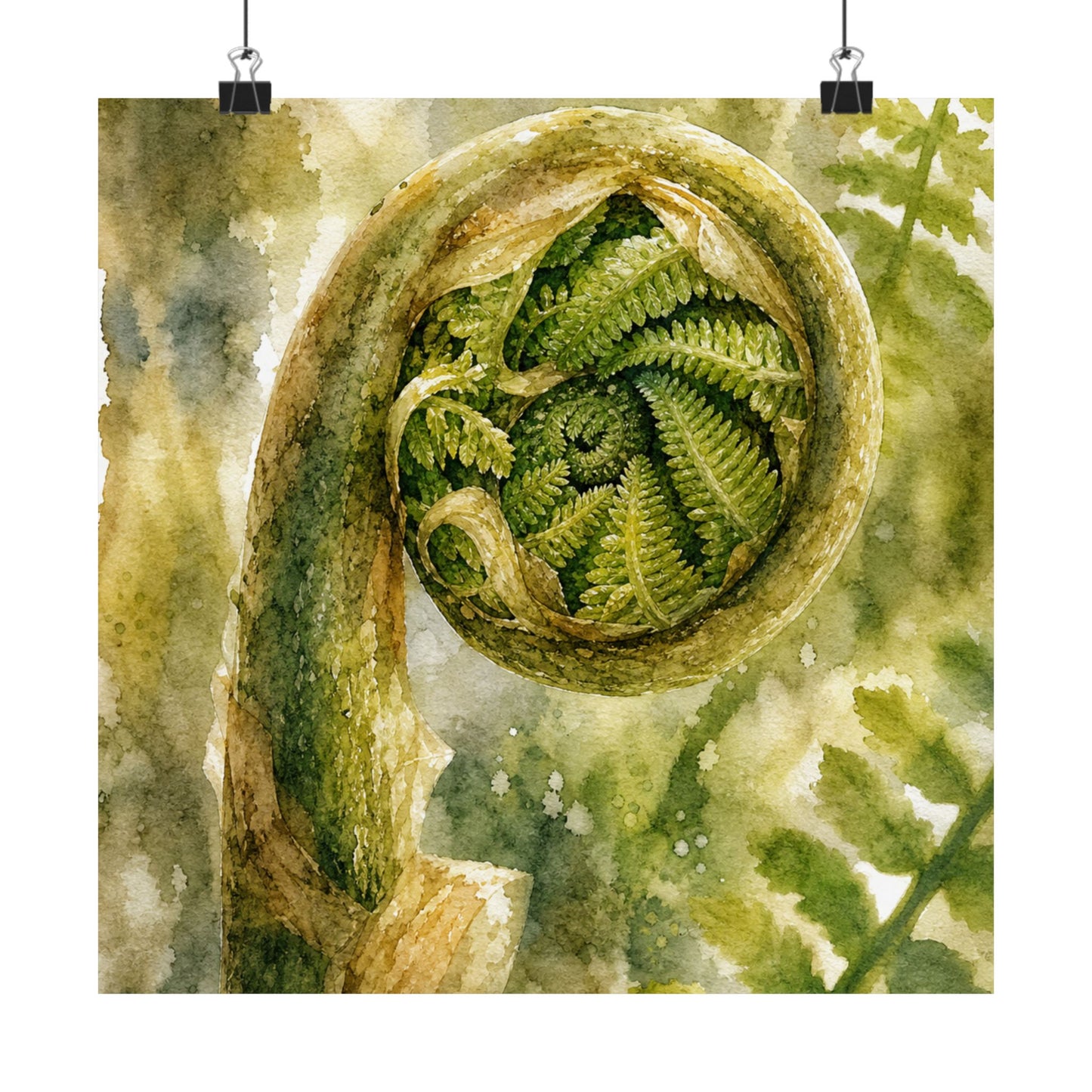Elegant Fern Unfurling Wall Art Print - Watercolor Japandi