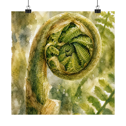 Elegant Fern Unfurling Wall Art Print - Watercolor Japandi