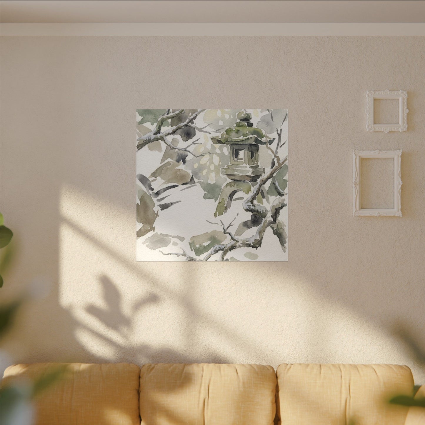 Elegant Stone Lantern Canvas Art - Watercolor Japandi