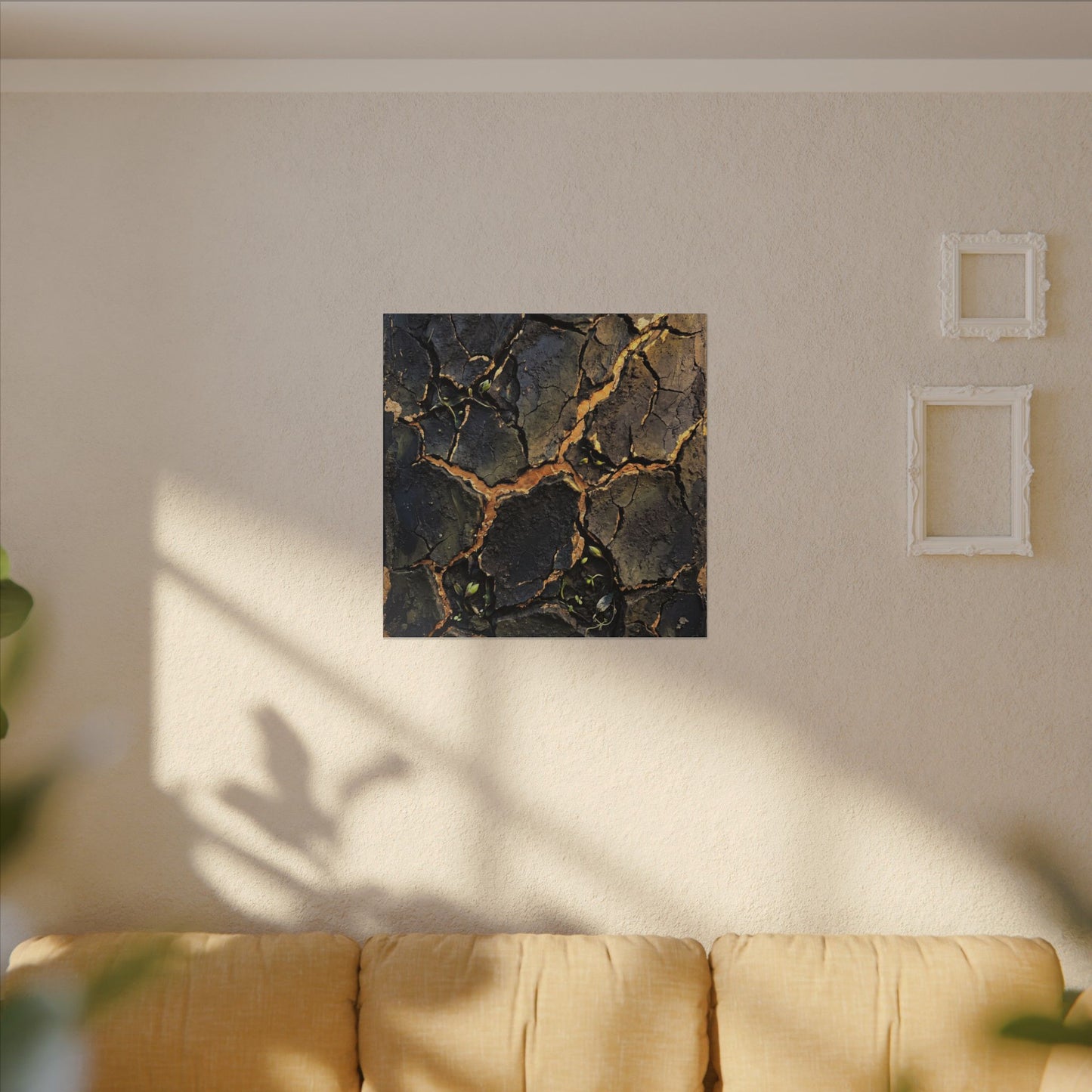 Cracked Earth Spring Canvas Art | Dark Japandi Atmospheric Design