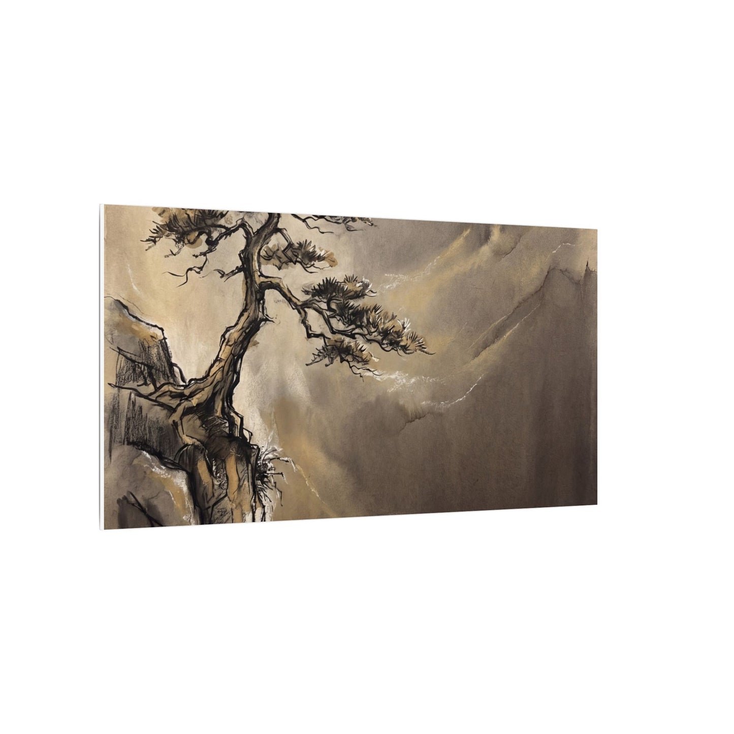 Pine Tree Charcoal Ink Canvas Art | Luxurious Dark Japandi Art