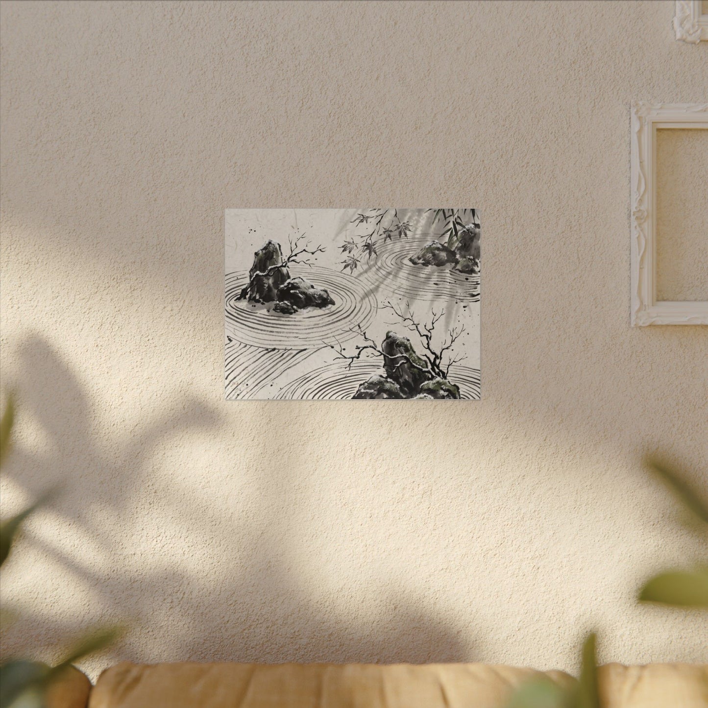Rock Garden Canvas Art | Winter Zen Sumi E Art
