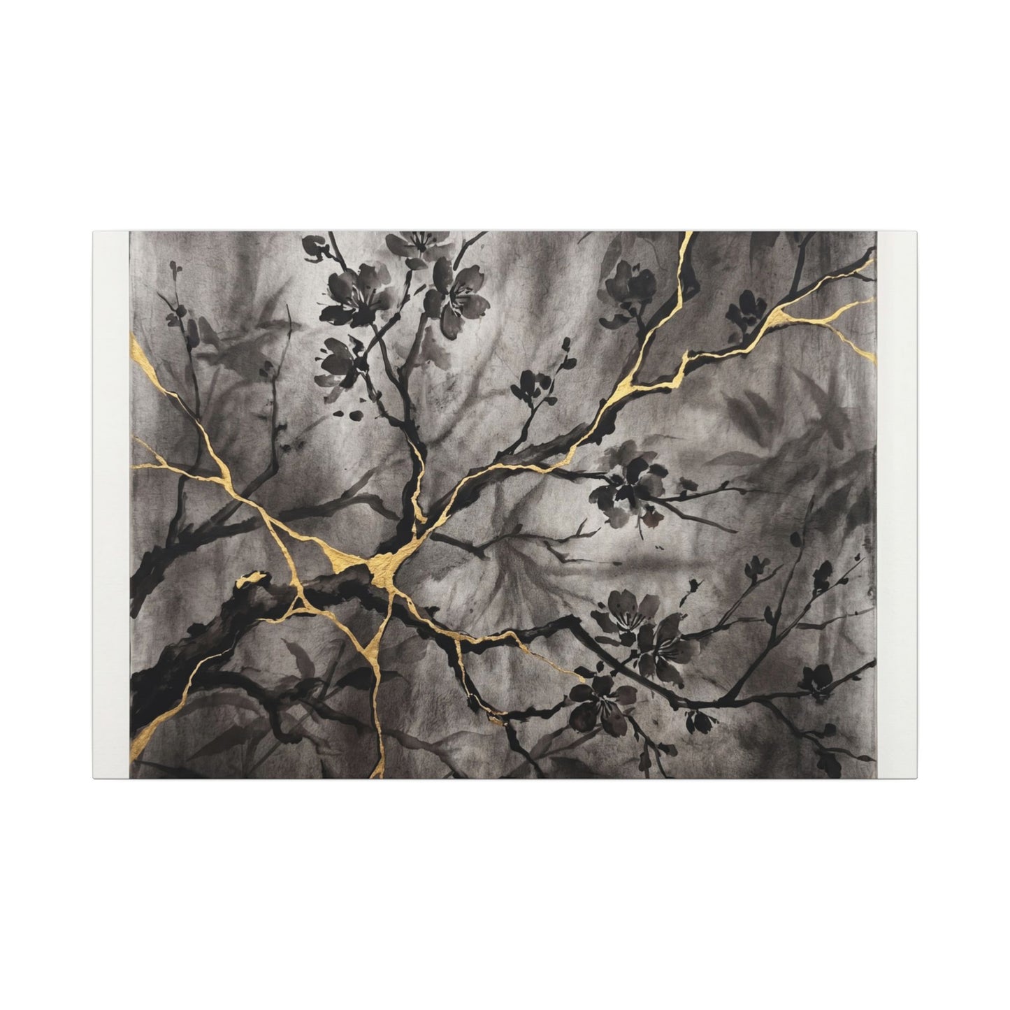 Kanso Cherry Blossom Canvas Art - Kintsugi Crackle Gold Art Print