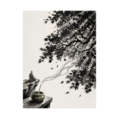 Contemplative Incense Smoke Wall Art Print - Ukiyo E Inspired Zen