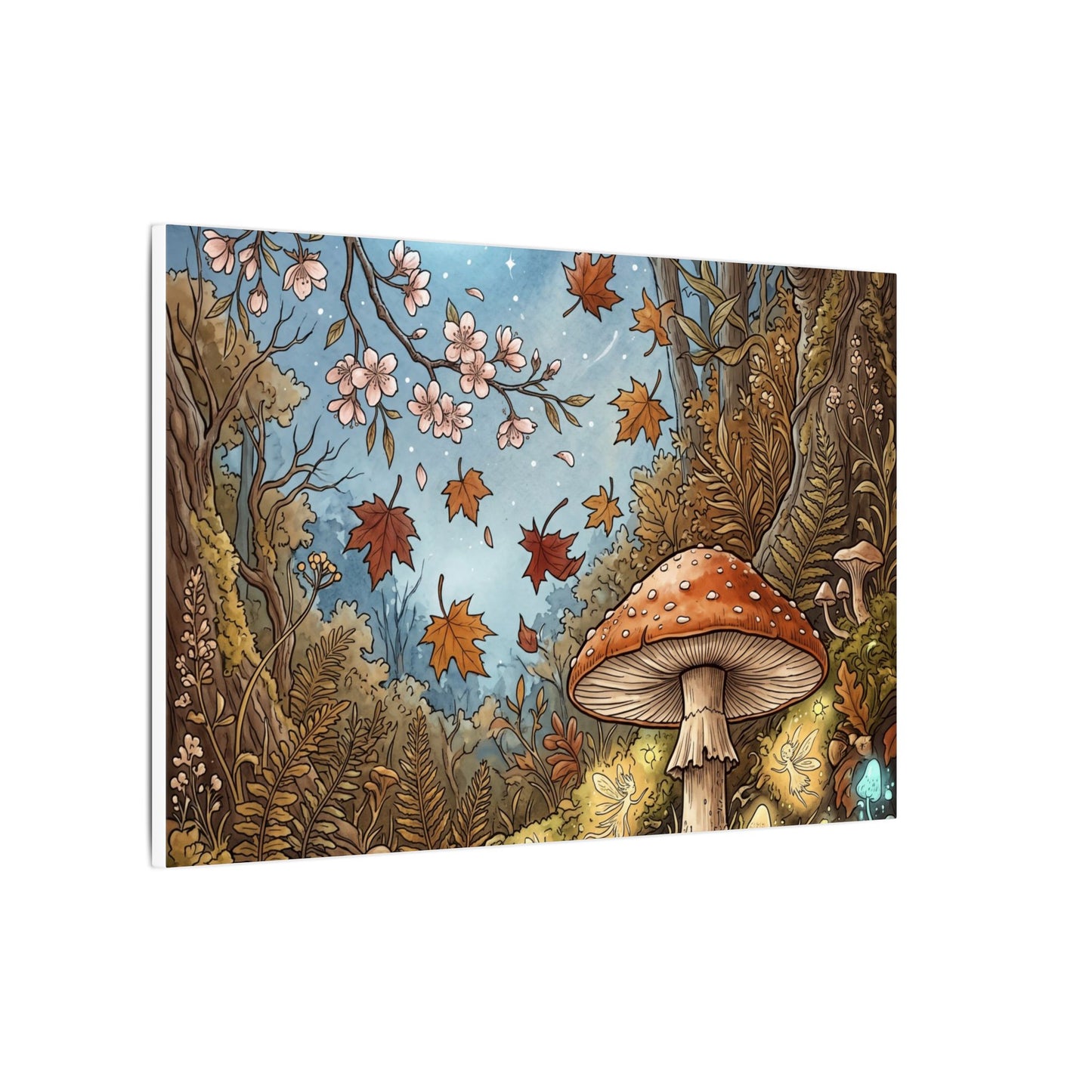 Autumn Cherry Blossom Mushroom Illustration Canvas Art | Enchanting Decor