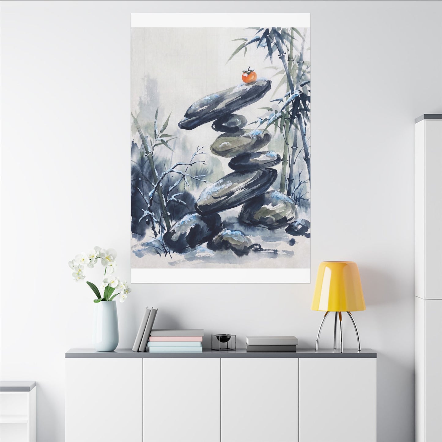 Zen River Stones in Moonlight | Sumi E Canvas Art