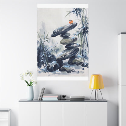 Zen River Stones in Moonlight | Sumi E Canvas Art