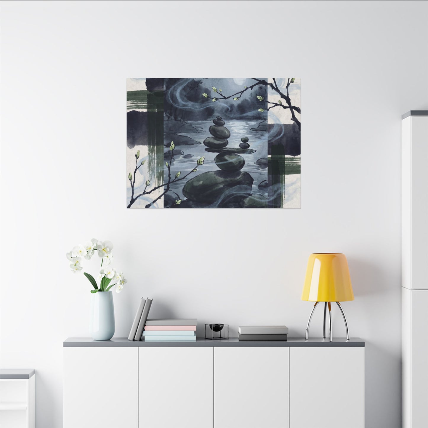 Moonlight River Stones Canvas Art - Zen Shibui