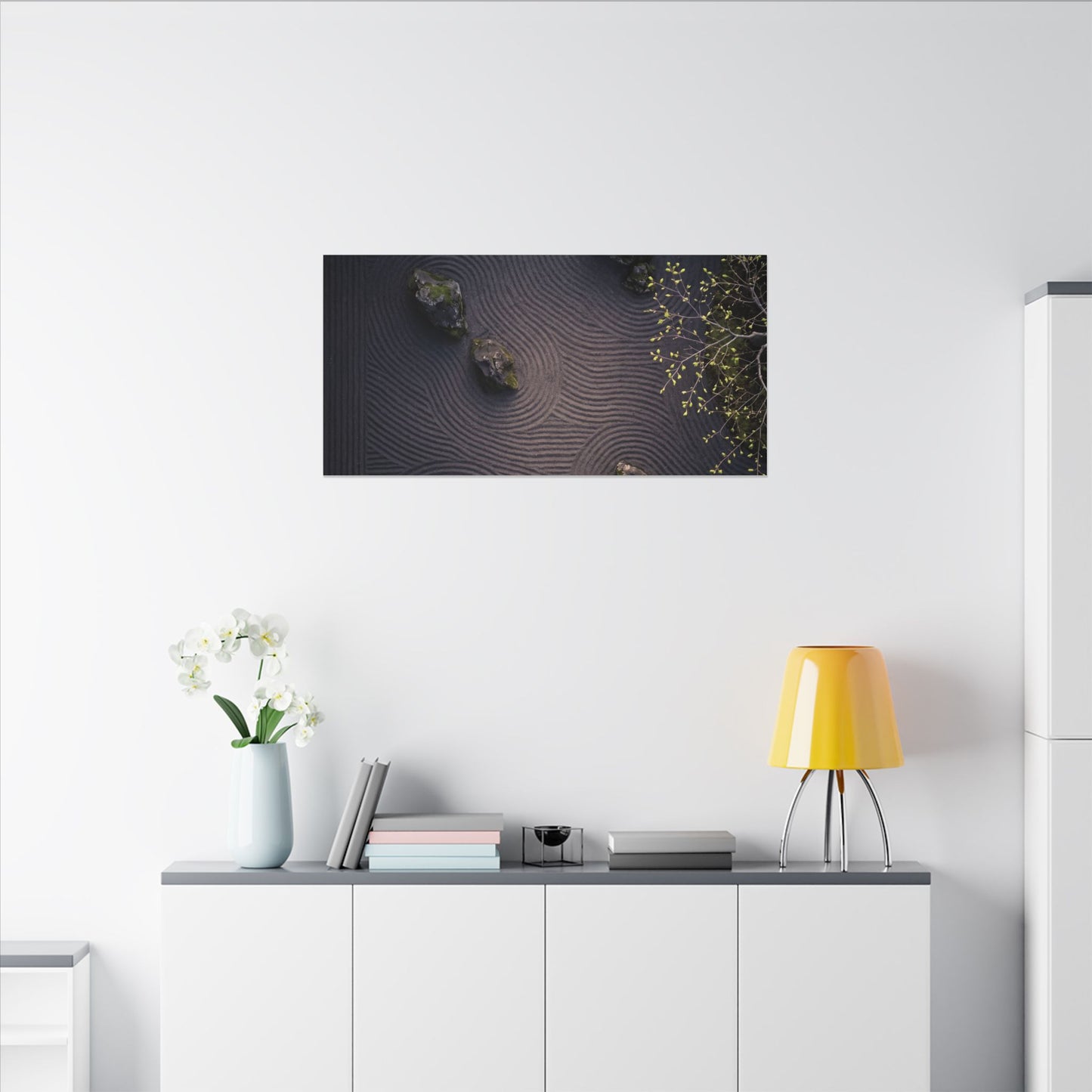 Dark Japandi Rock Garden in Dawn | Shadow Zen Canvas Art