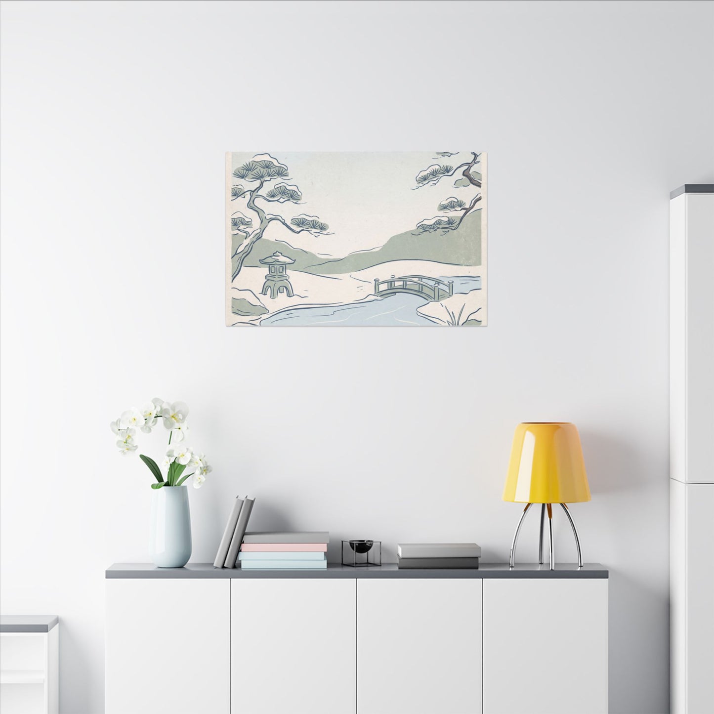 Japandi Moonlit Garden in Moonlight | Minimal Line Canvas Art