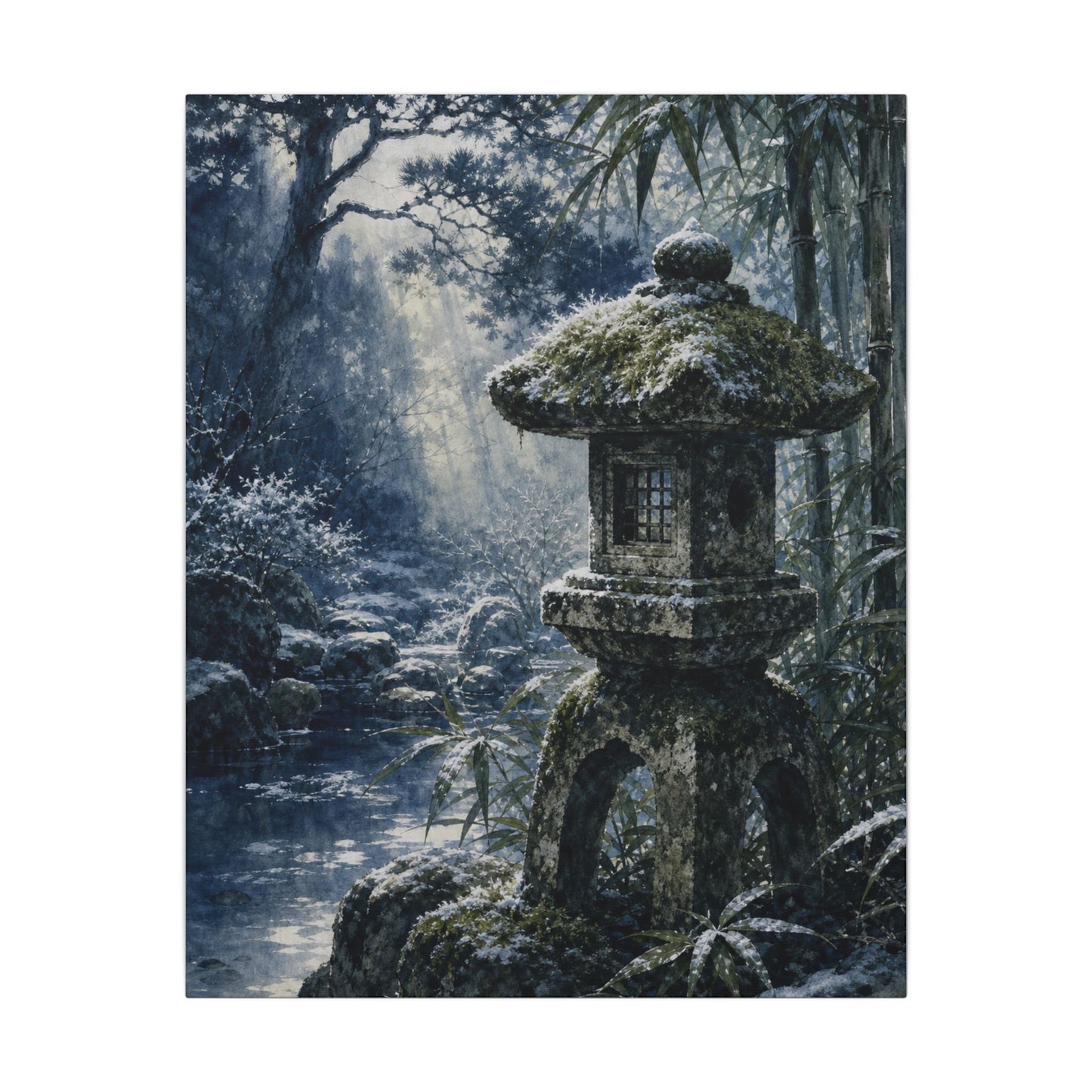 Zen Stone Lantern in Dappled | Sumi E Canvas Art