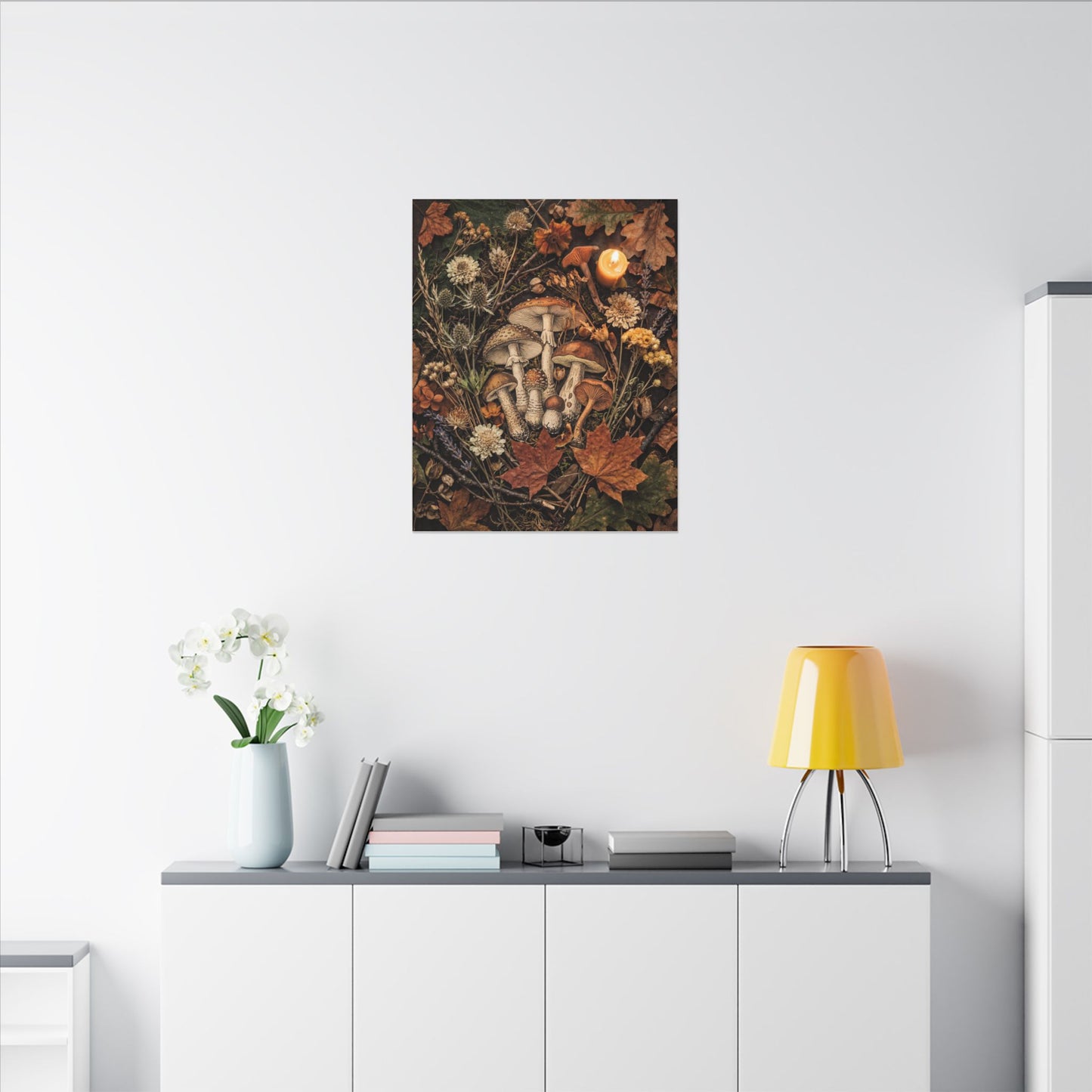 Autumn Dried Flowers Mushroom Illustration Canvas Art | Earthy Decor