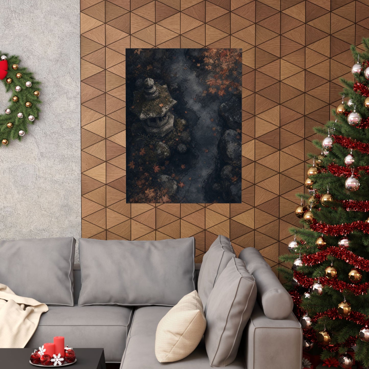 Japandi Stone Lantern in Moonlight | Texture Wall Art Print