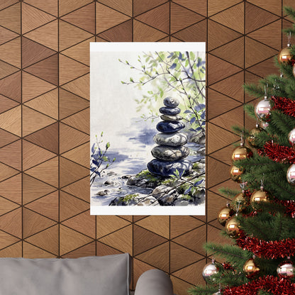 Zen River Stones in Dappled | Sumi E Wall Art Print