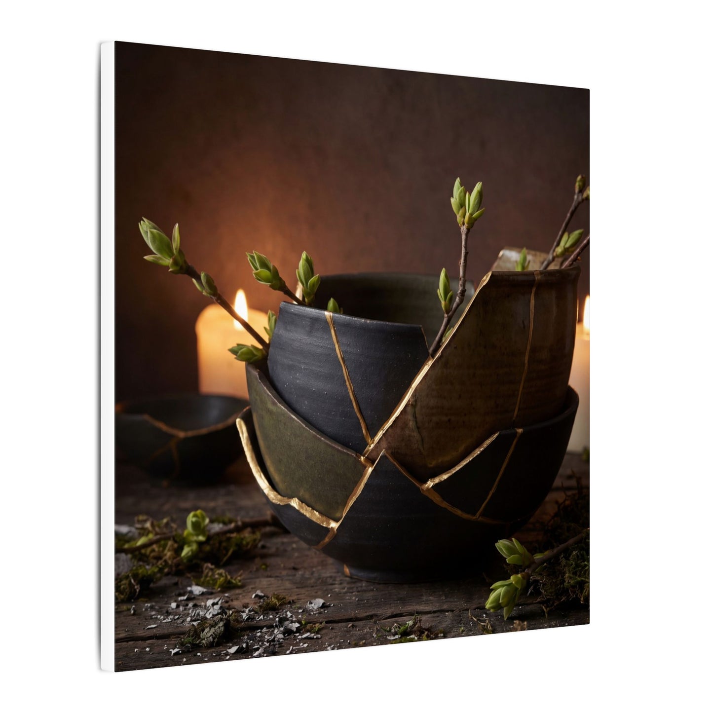 Broken Pottery Spring Canvas Art | Dark Japandi Luxurious Design