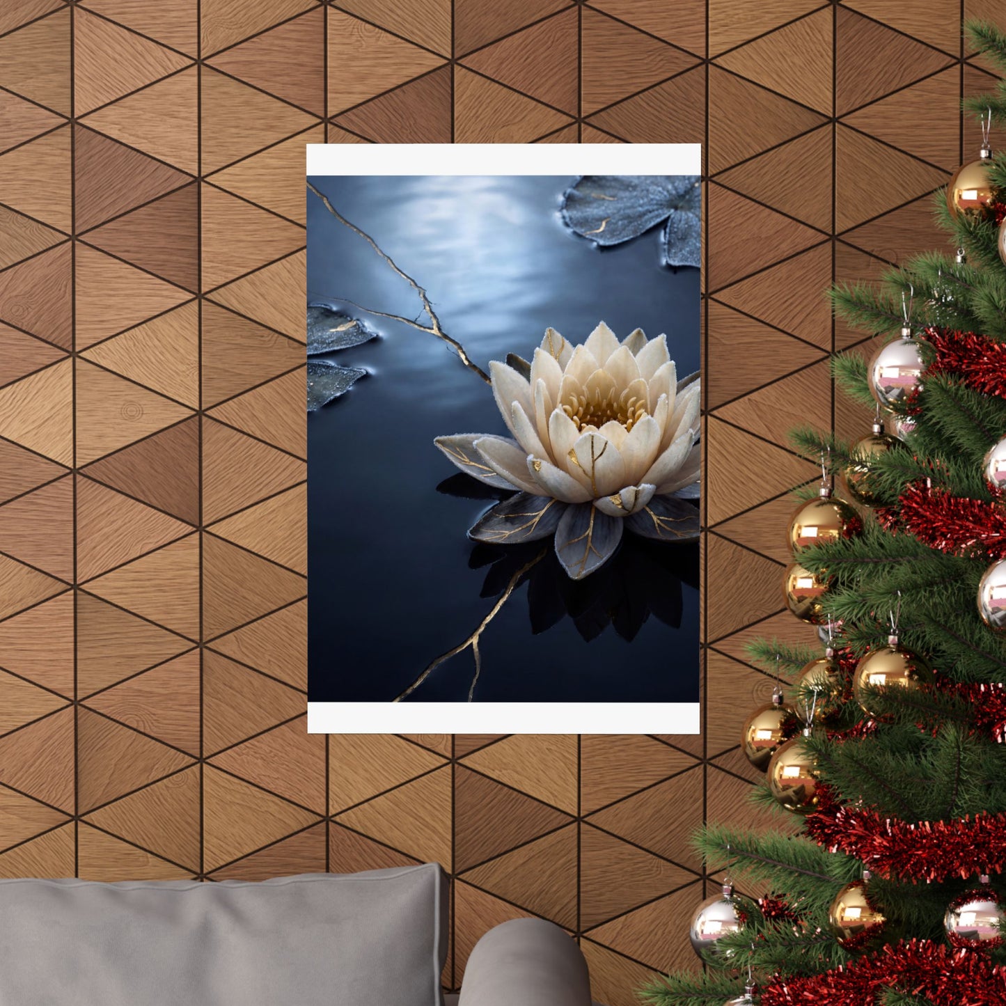 Winter Lotus Flower Gold Vein Wall Art Print | Resilient Decor