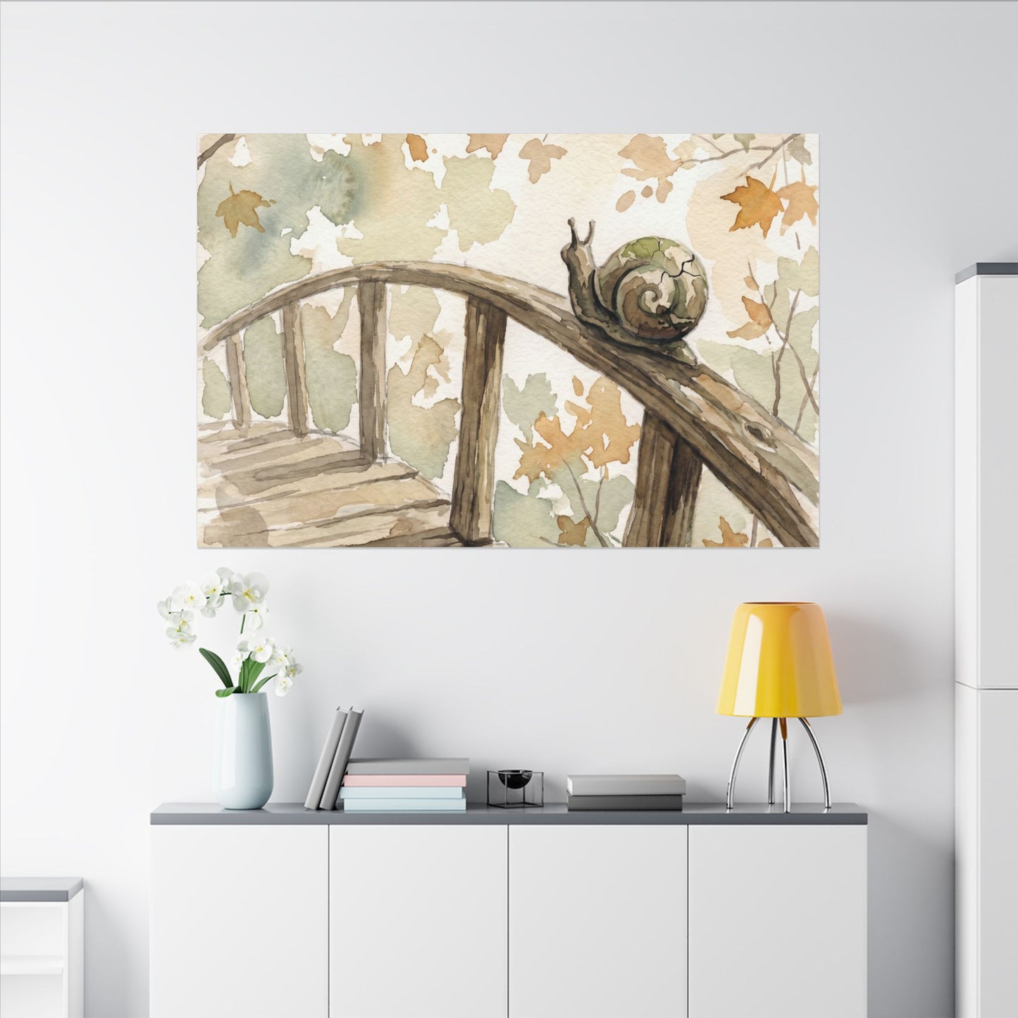 Wooden Bridge Canvas Art | Autumn Japandi Watercolor Art