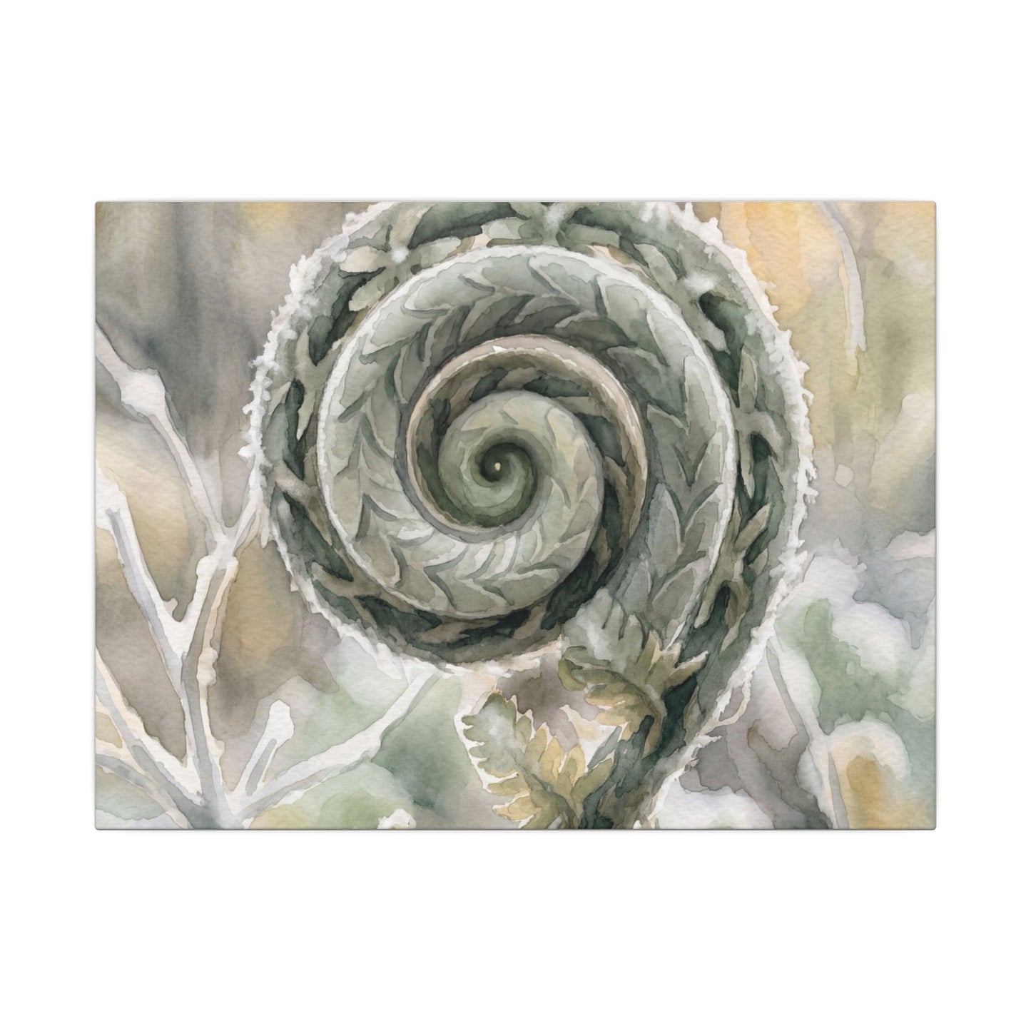 Winter Fern Unfurling Watercolor Canvas Art | Cozy Decor