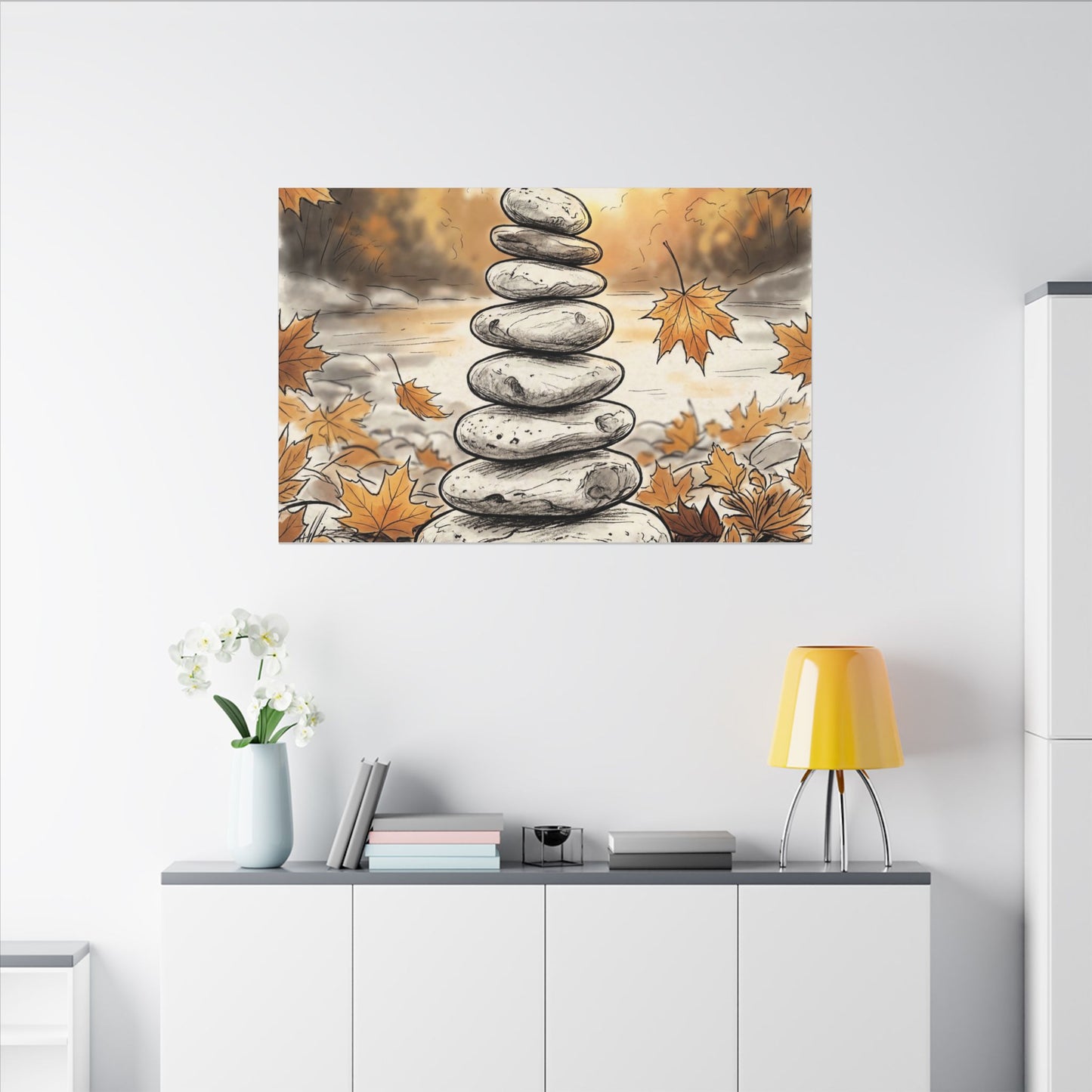 Earthy River Stones Canvas Art - Minimal Line Japandi