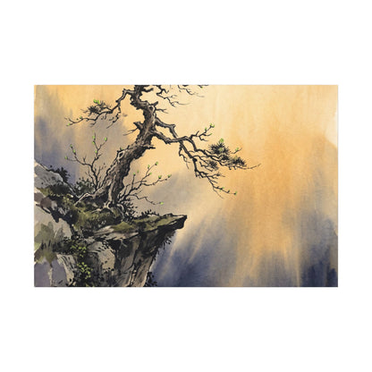 Zen Pine Tree in Golden Hour | Sumi E Canvas Art
