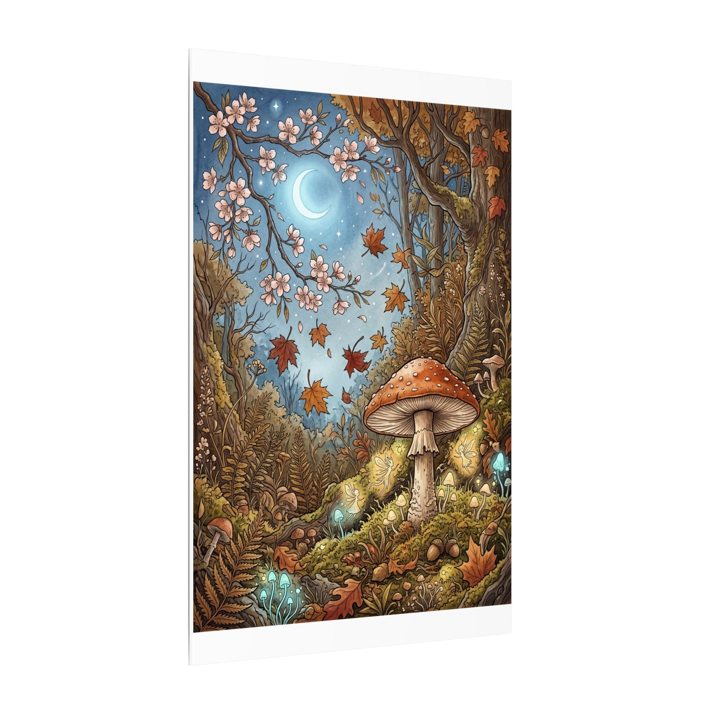 Autumn Cherry Blossom Mushroom Illustration Canvas Art | Enchanting Decor