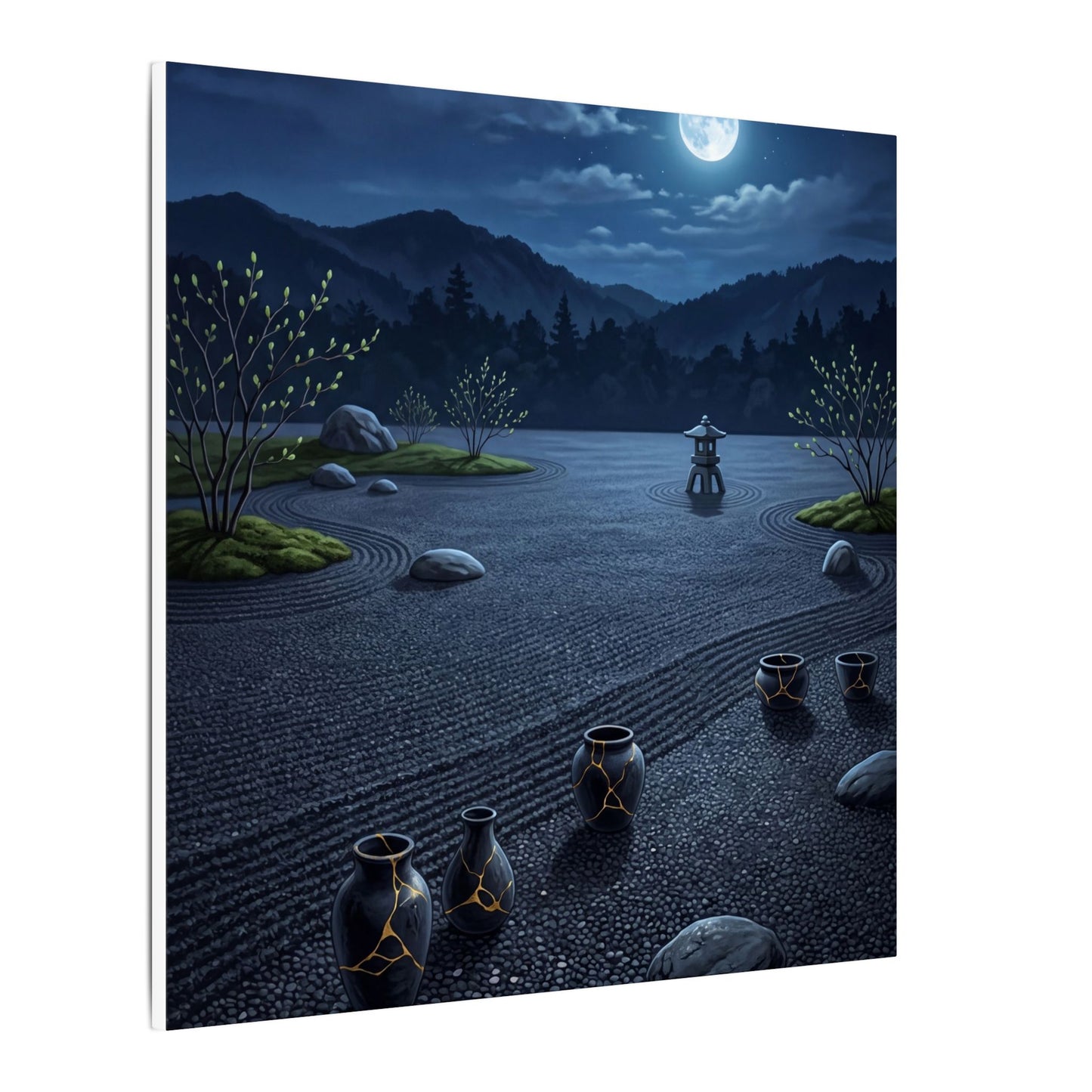 Kintsugi Moonlit Garden in Moonlight | Gold Repair Canvas Art