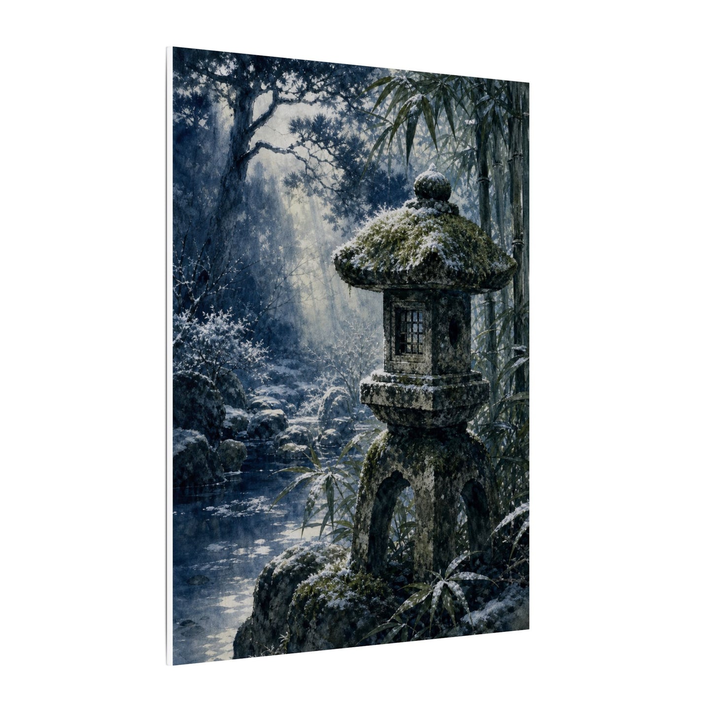 Zen Stone Lantern in Dappled | Sumi E Canvas Art
