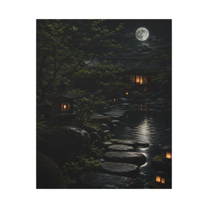 Moonlit Garden Shadow Zen Canvas Art | Sophisticated Dark Japandi Art