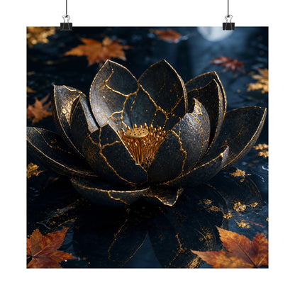 Kintsugi Lotus Flower in Moonlight | Gold Repair Wall Art Print