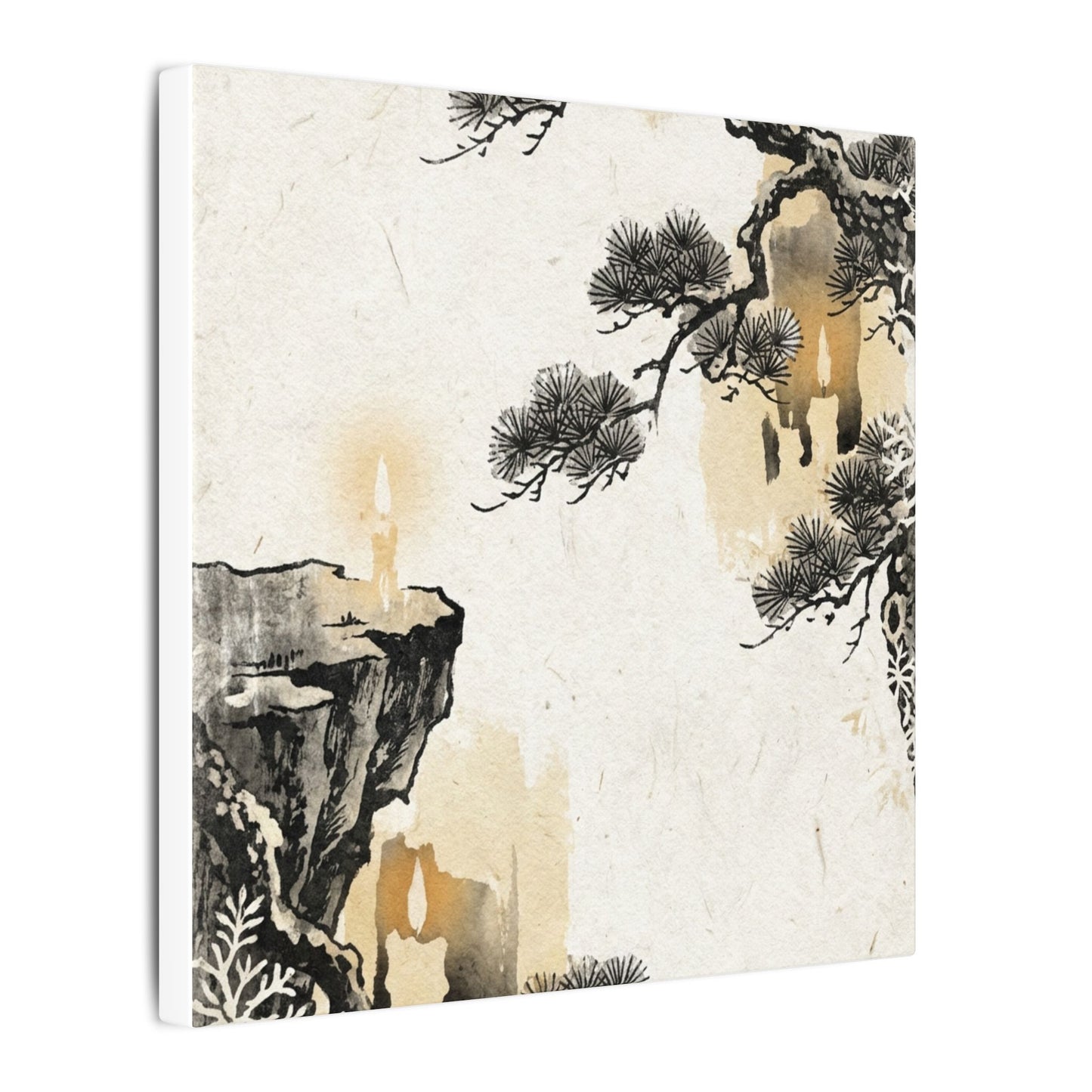 Japandi Pine Tree in Candlelight | Japanese Pattern Canvas Art