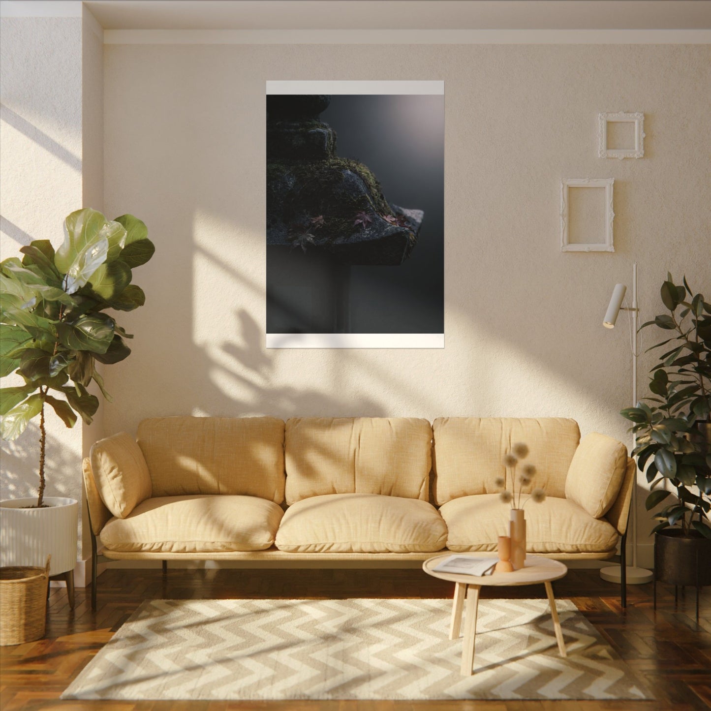 Stone Lantern Moody Minimal Canvas Art | Sophisticated Dark Japandi Art