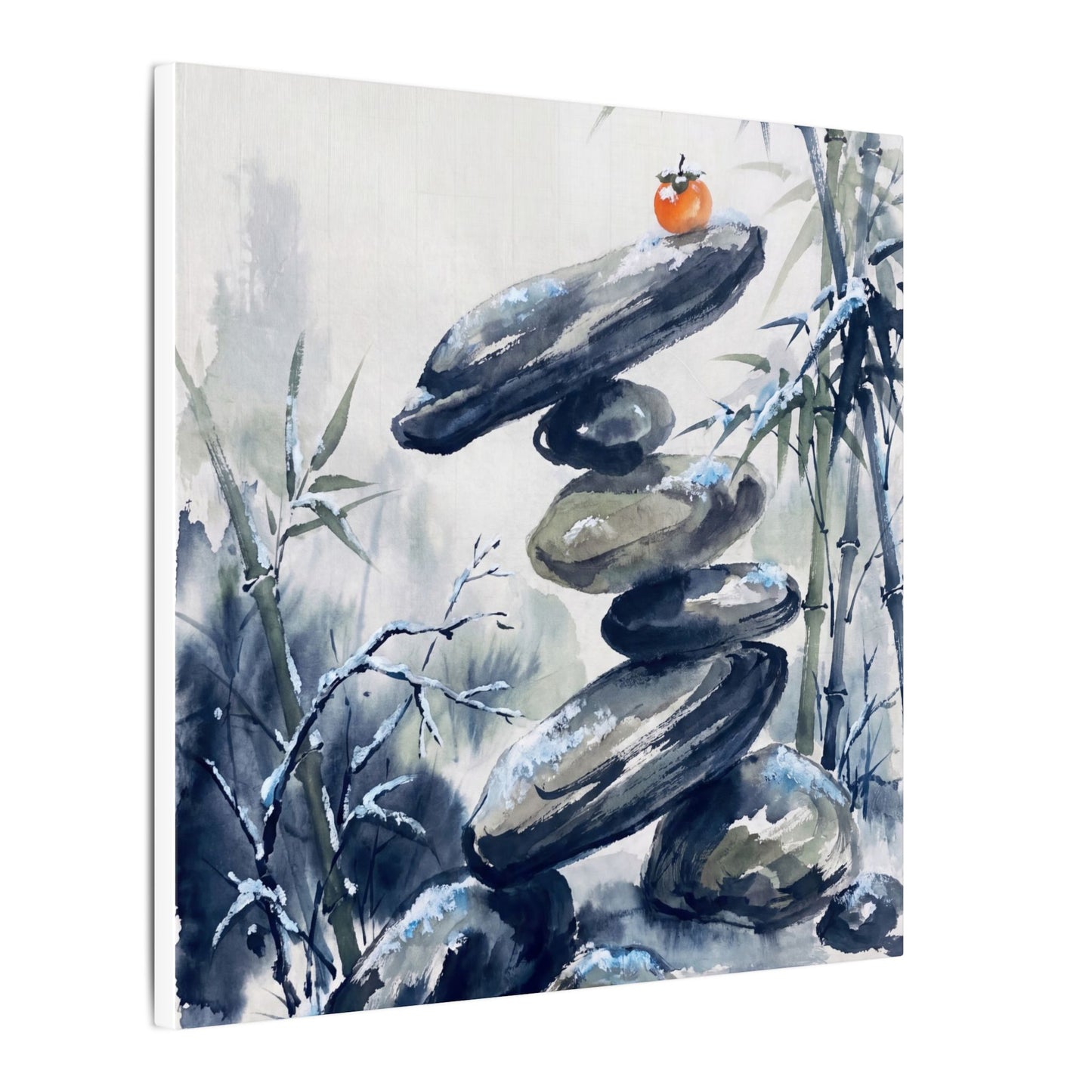 Zen River Stones in Moonlight | Sumi E Canvas Art
