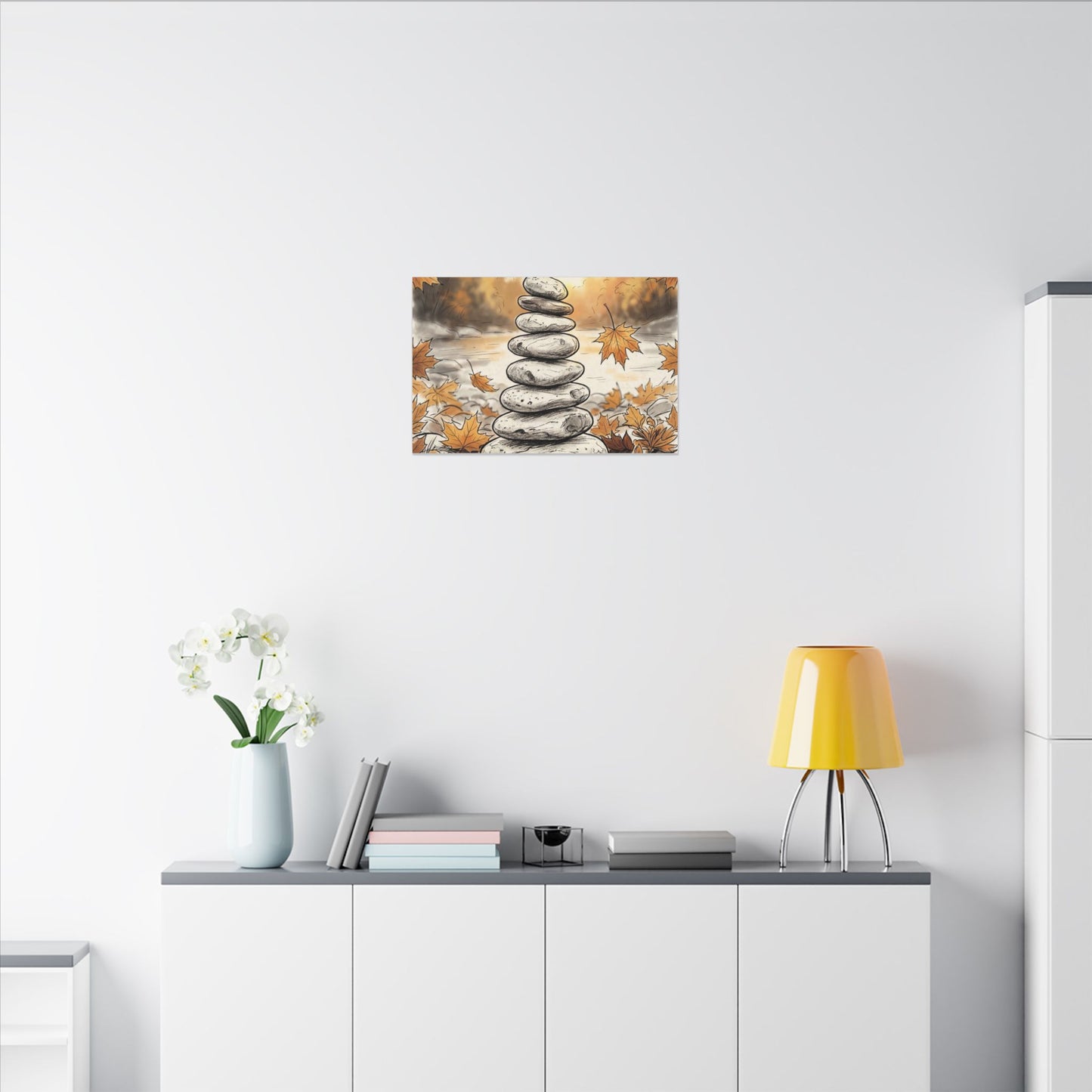 Earthy River Stones Canvas Art - Minimal Line Japandi