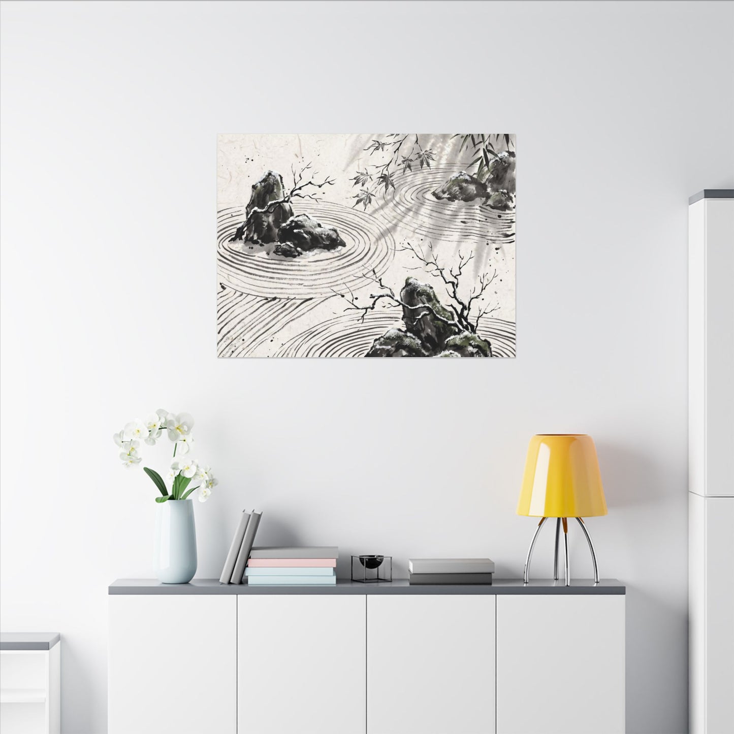 Rock Garden Canvas Art | Winter Zen Sumi E Art